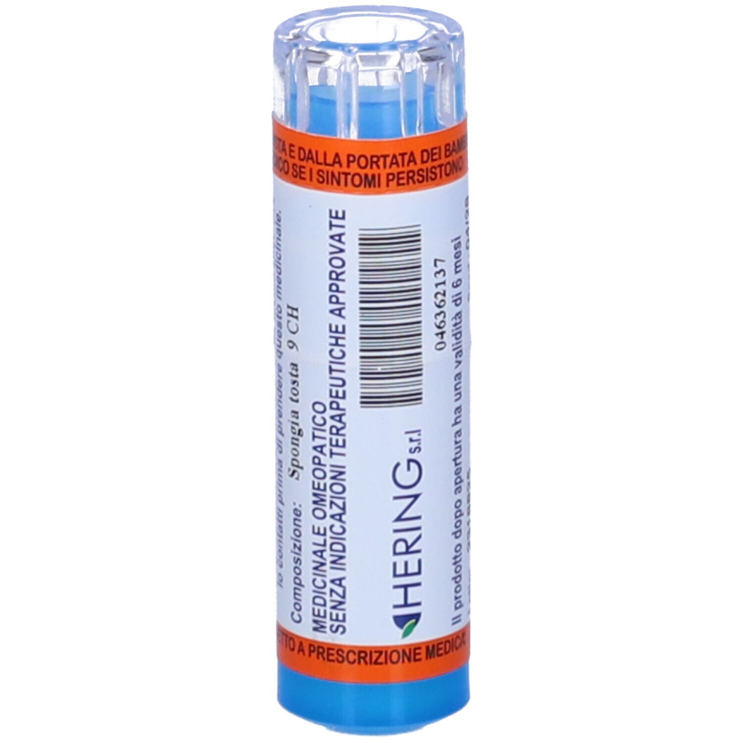 Flacone cilindrico blu e bianco con etichette arancioni. Scritto: Hering s.r.l. e altre informazioni.