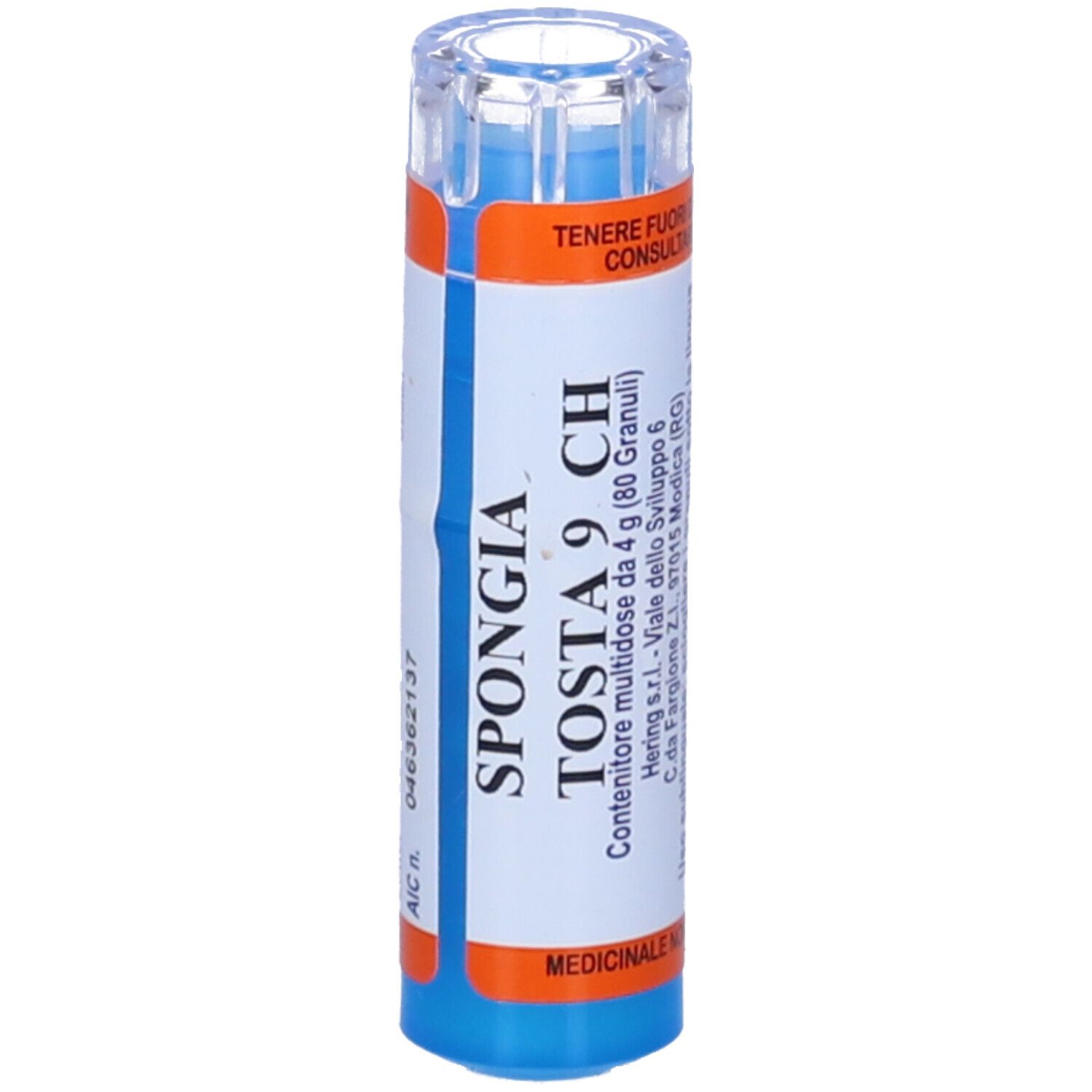 Flacone cilindrico blu e bianco con etichette arancioni. Scritto: Spongia Tosta 9 CH. Contiene 80 granuli.