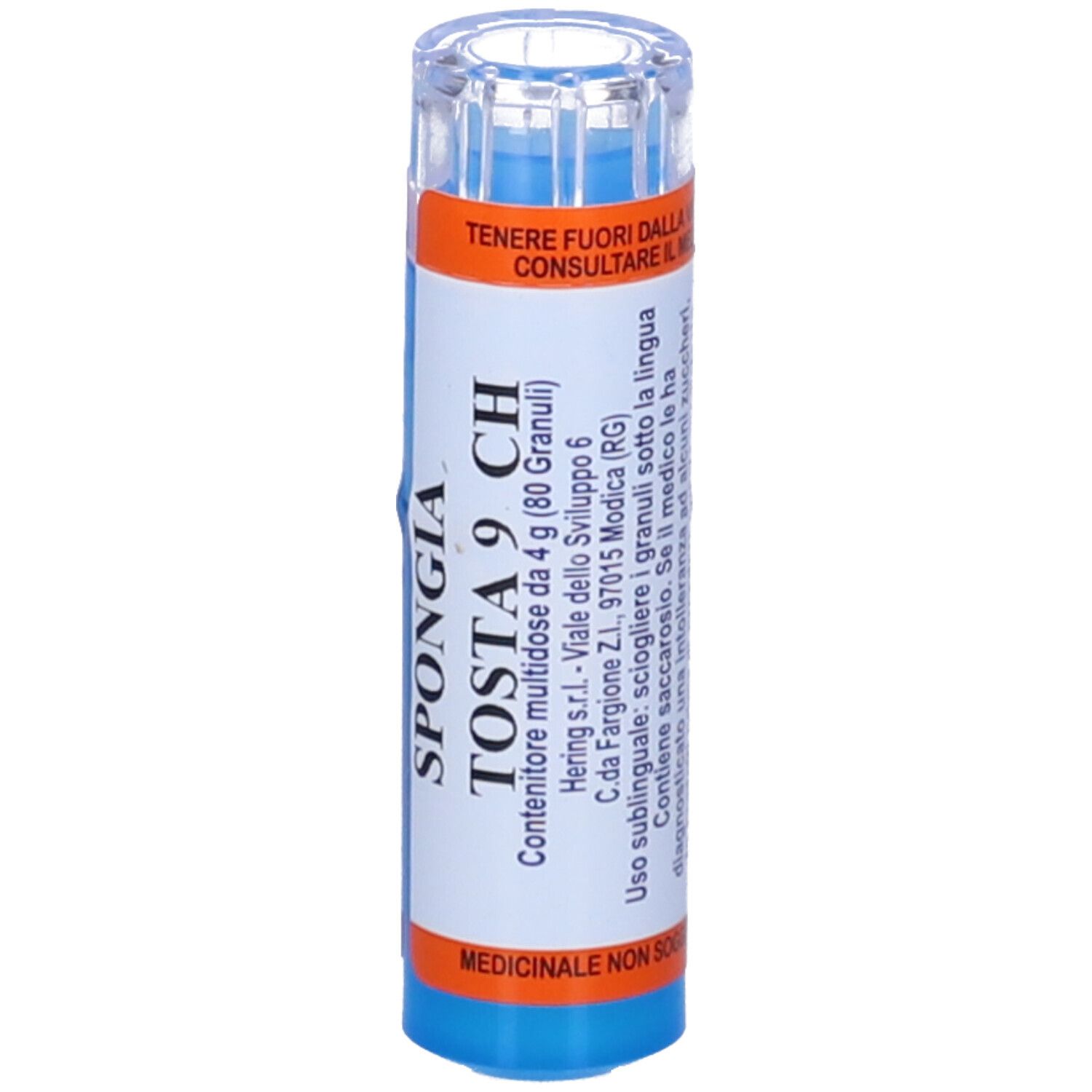 Flacone cilindrico blu e bianco con etichette arancioni. Scritto: Spongia Tosta 9 CH. Contiene 80 granuli.