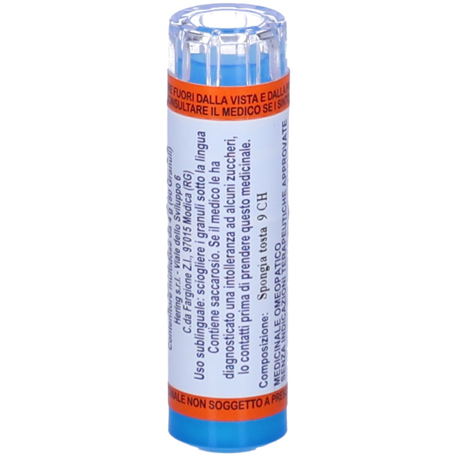 Flacone cilindrico blu e bianco con etichette arancioni. Scritto: Spongia Tosta 9 CH. Contiene 80 granuli.