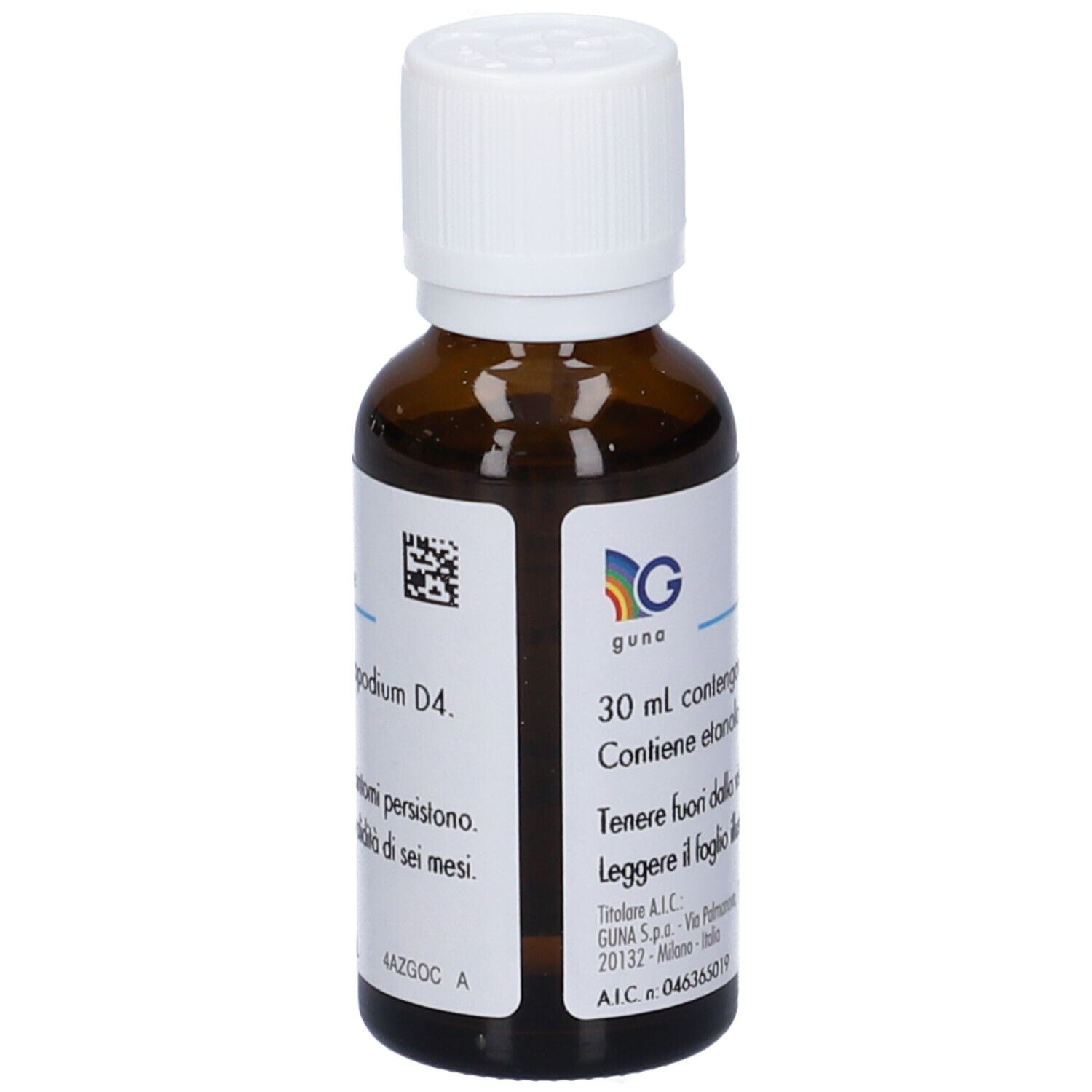 Flacone di vetro marrone con tappo bianco. Etichetta con nome, ingredienti e codice QR. Testo in italiano.