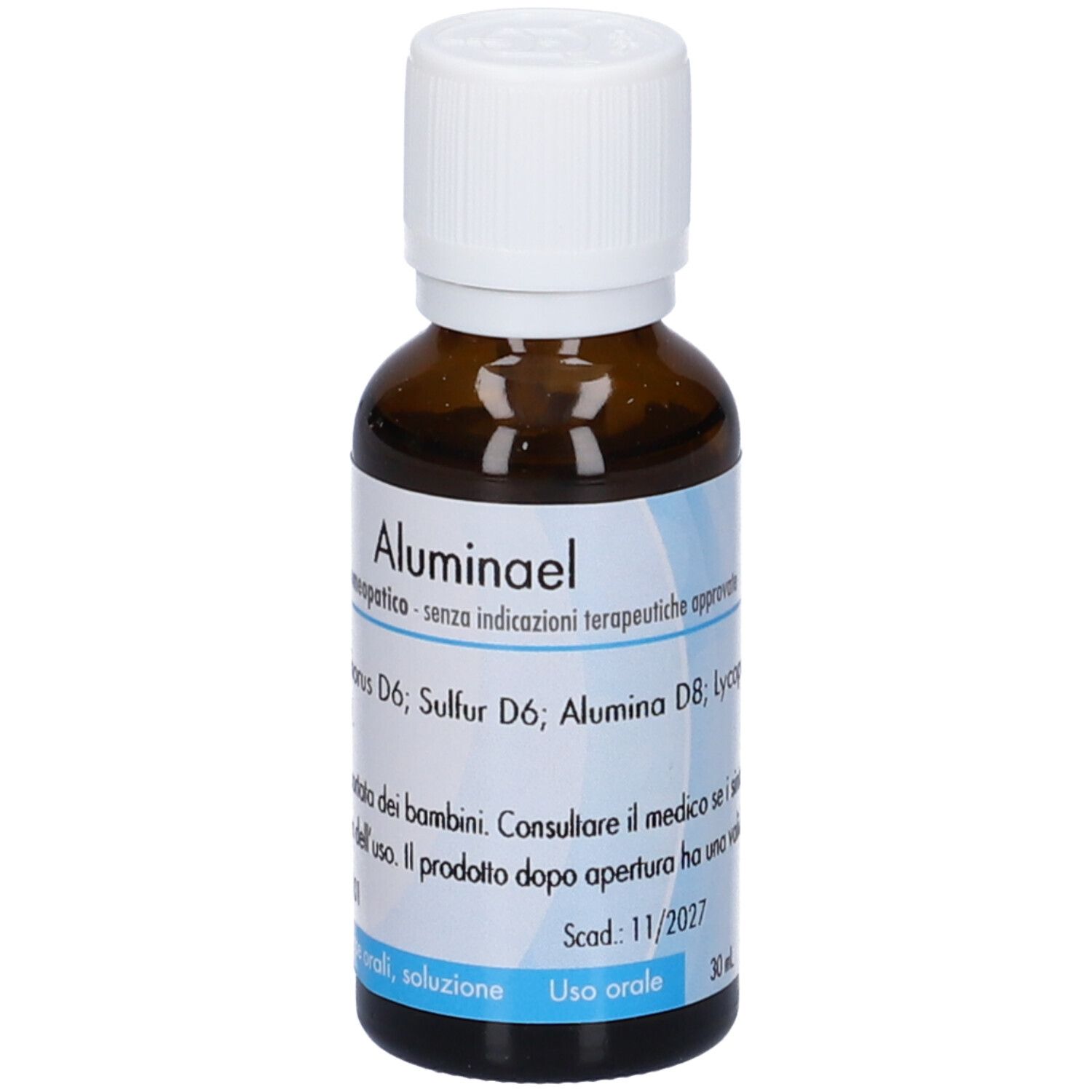 Flacone di vetro marrone con tappo bianco. Etichetta con nome e ingredienti. Testo in italiano. Data di scadenza.