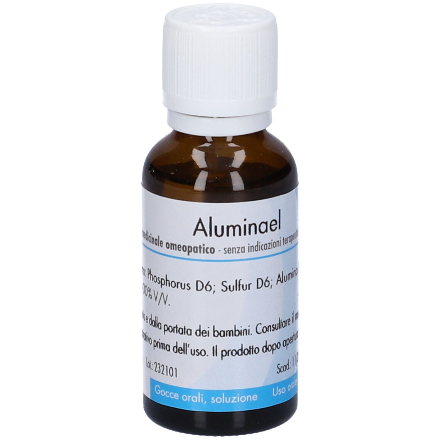 Flacone di vetro marrone con tappo bianco. Etichetta con nome e ingredienti. Testo in italiano.