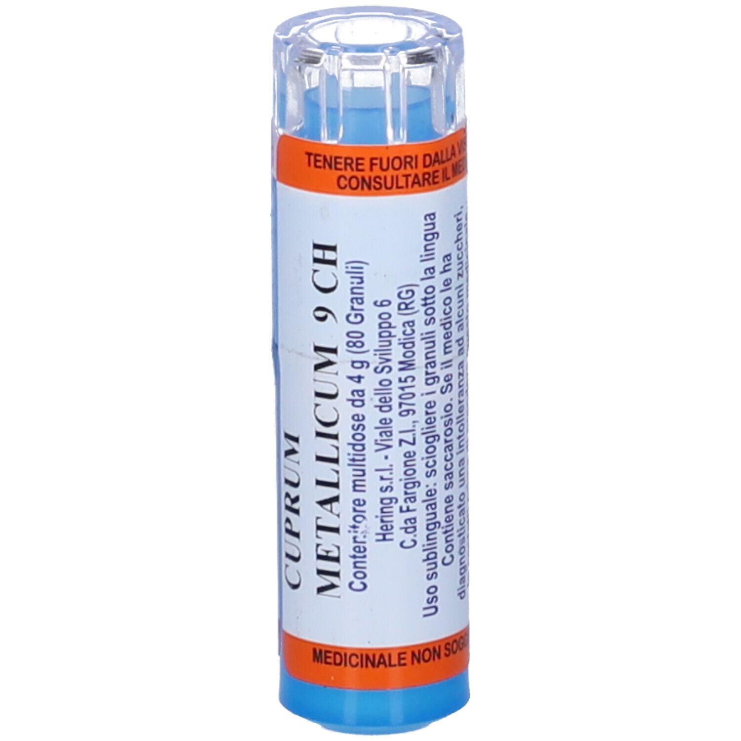 Contenitore blu cilindrico. Scritta: Cuprum Metallicum 9 CH. Etichette arancioni e blu. Contiene 80 granuli.