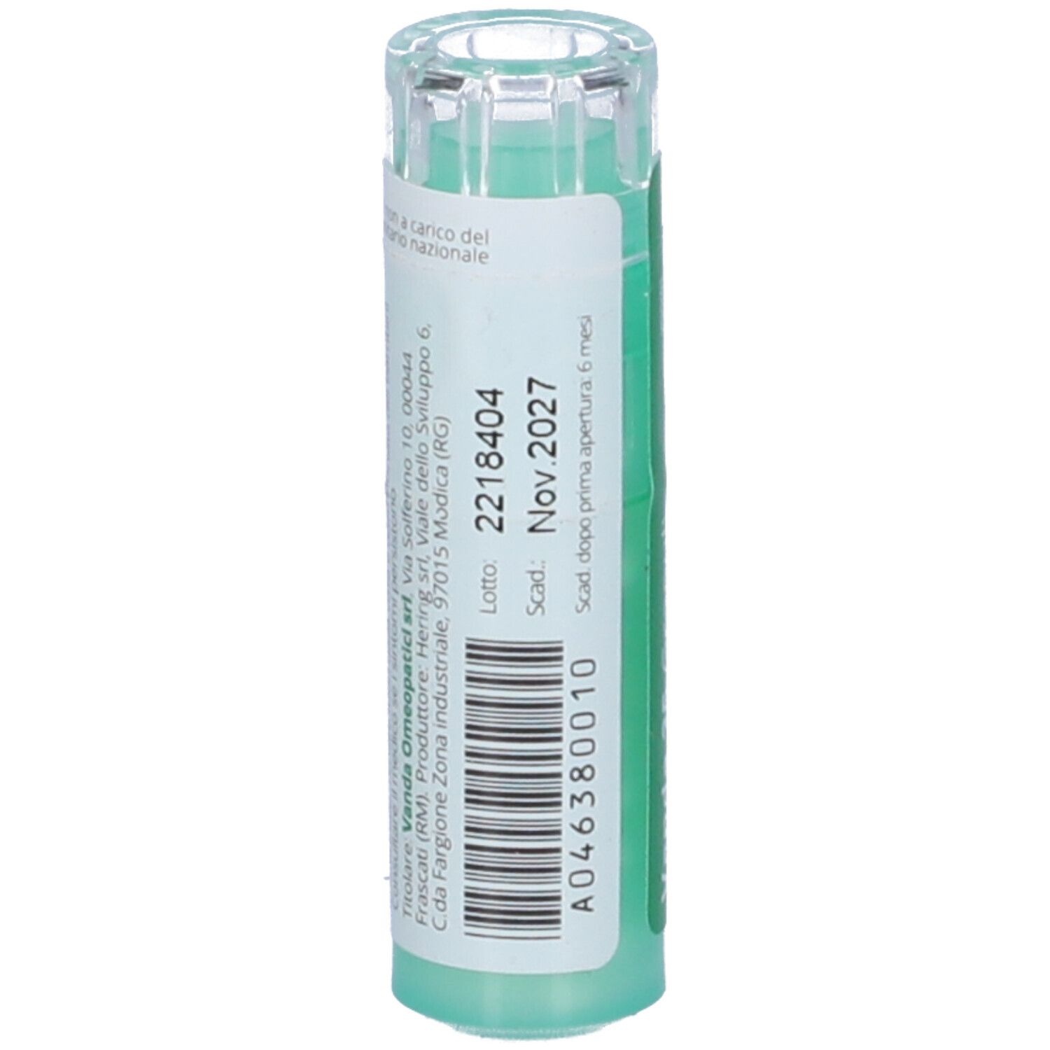 Contenitore cilindrico verde con etichetta bianca. Scritta: Numero di lotto, data di scadenza. Codice a barre.
