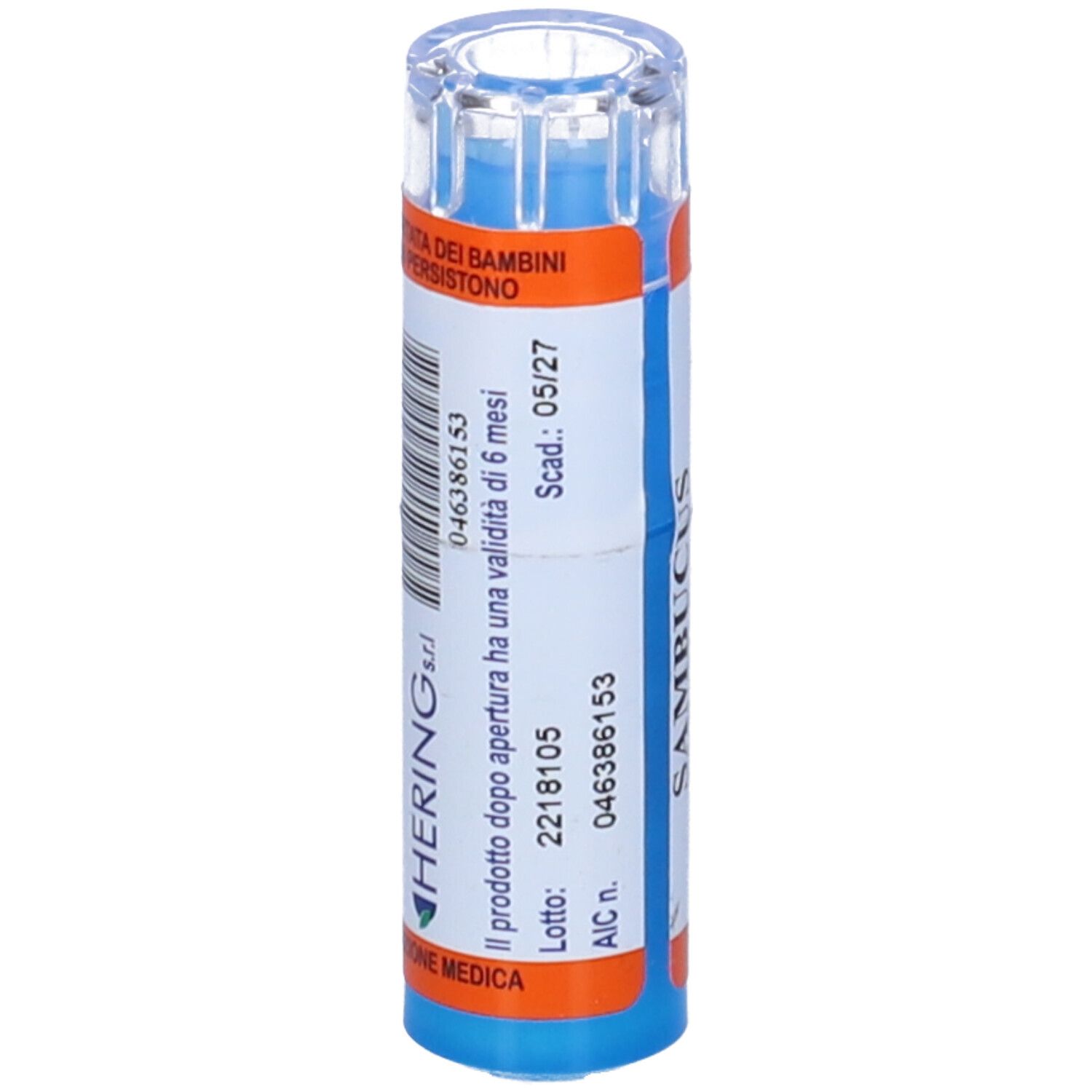 Contenitore multidose cilindrico con Sambucus Nigra 200 CH. Etichetta con testo e codice a barre. Coperchio trasparente.