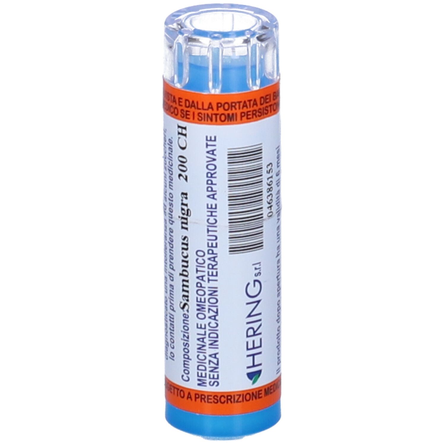 Contenitore multidose cilindrico con Sambucus Nigra 200 CH. Etichetta con testo. Coperchio trasparente. Marchio Hering s.r.l.