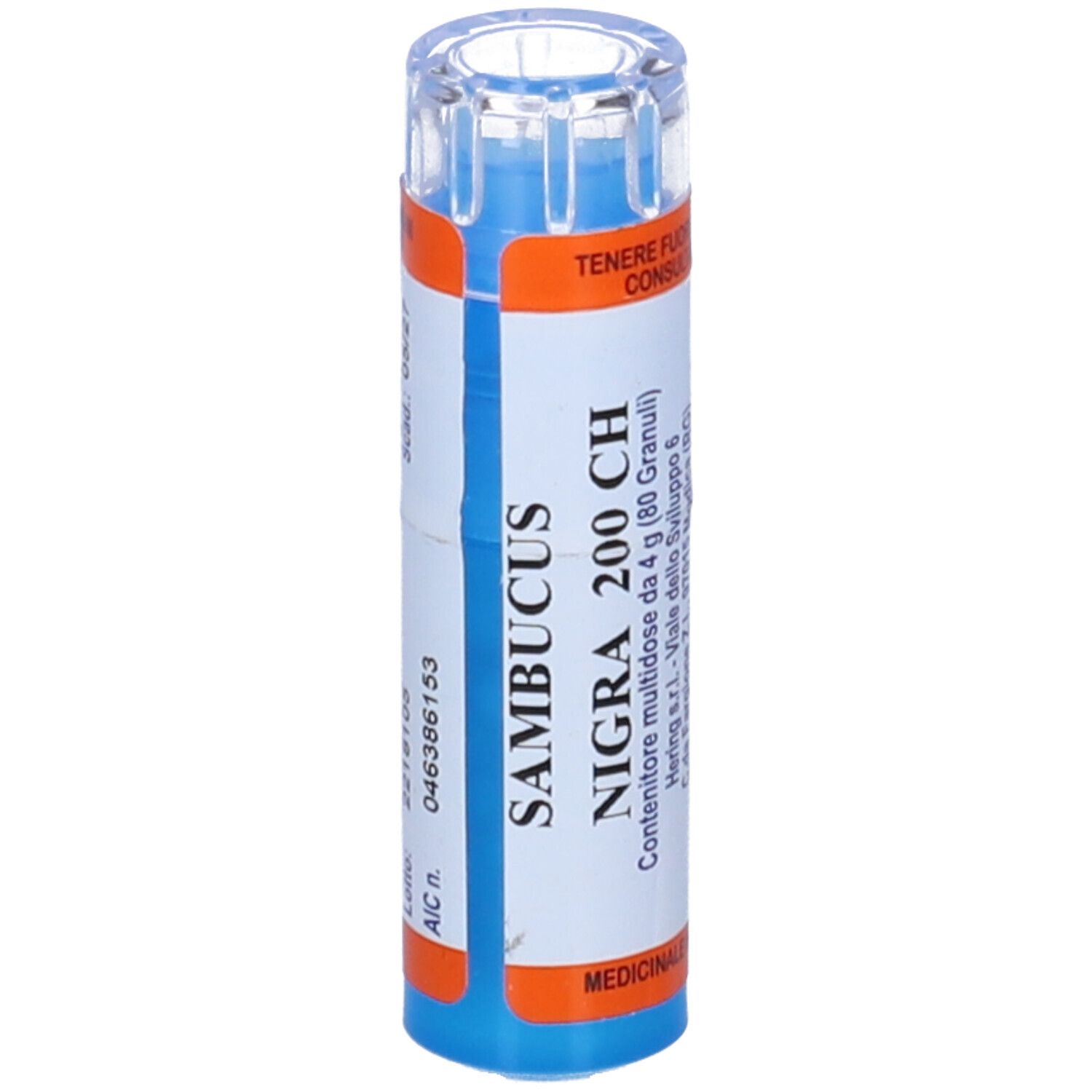 Contenitore multidose cilindrico con Sambucus Nigra 200 CH. Etichette arancioni e blu con testo. Coperchio trasparente.