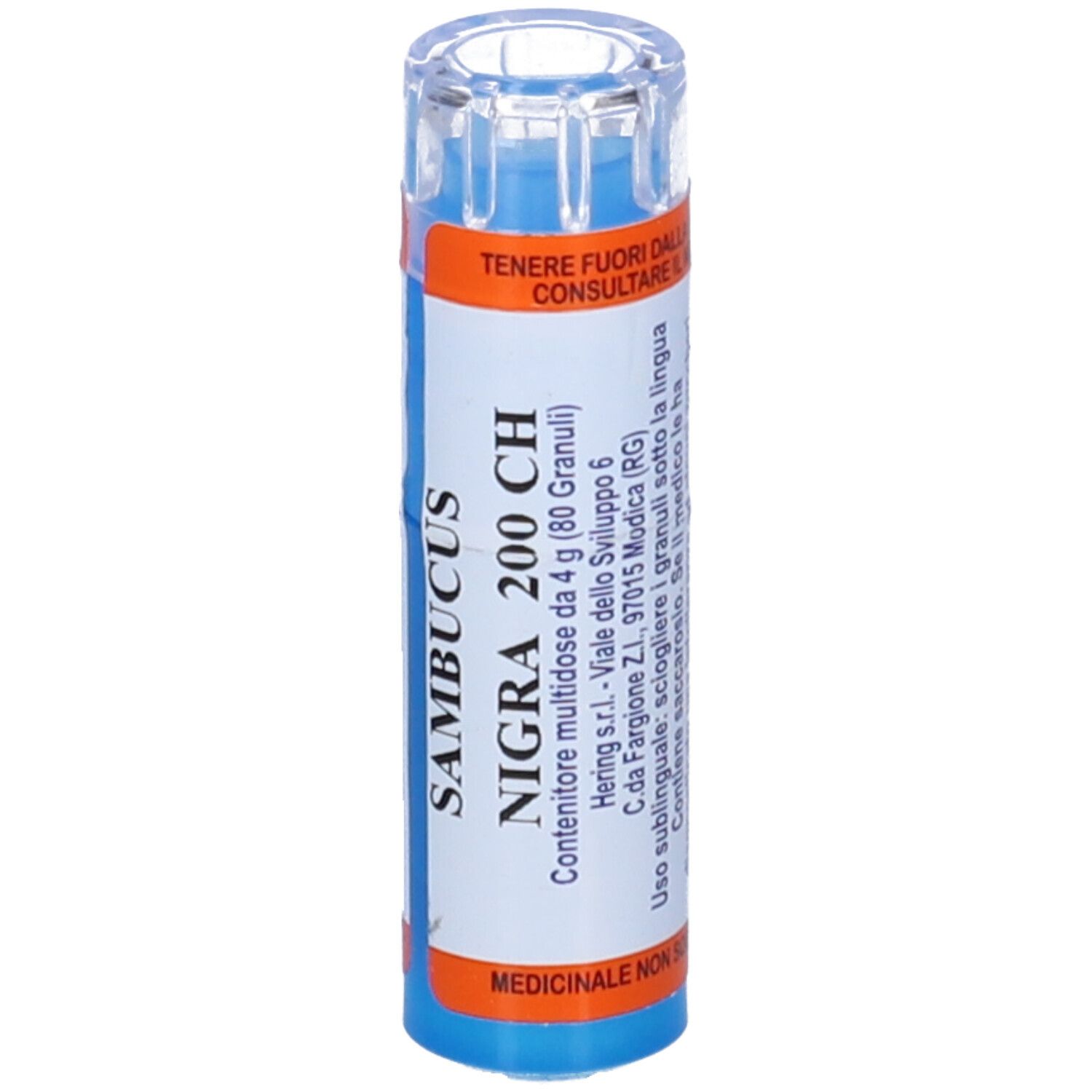 Contenitore multidose cilindrico con Sambucus Nigra 200 CH. Etichette arancioni e blu con testo. Coperchio trasparente.