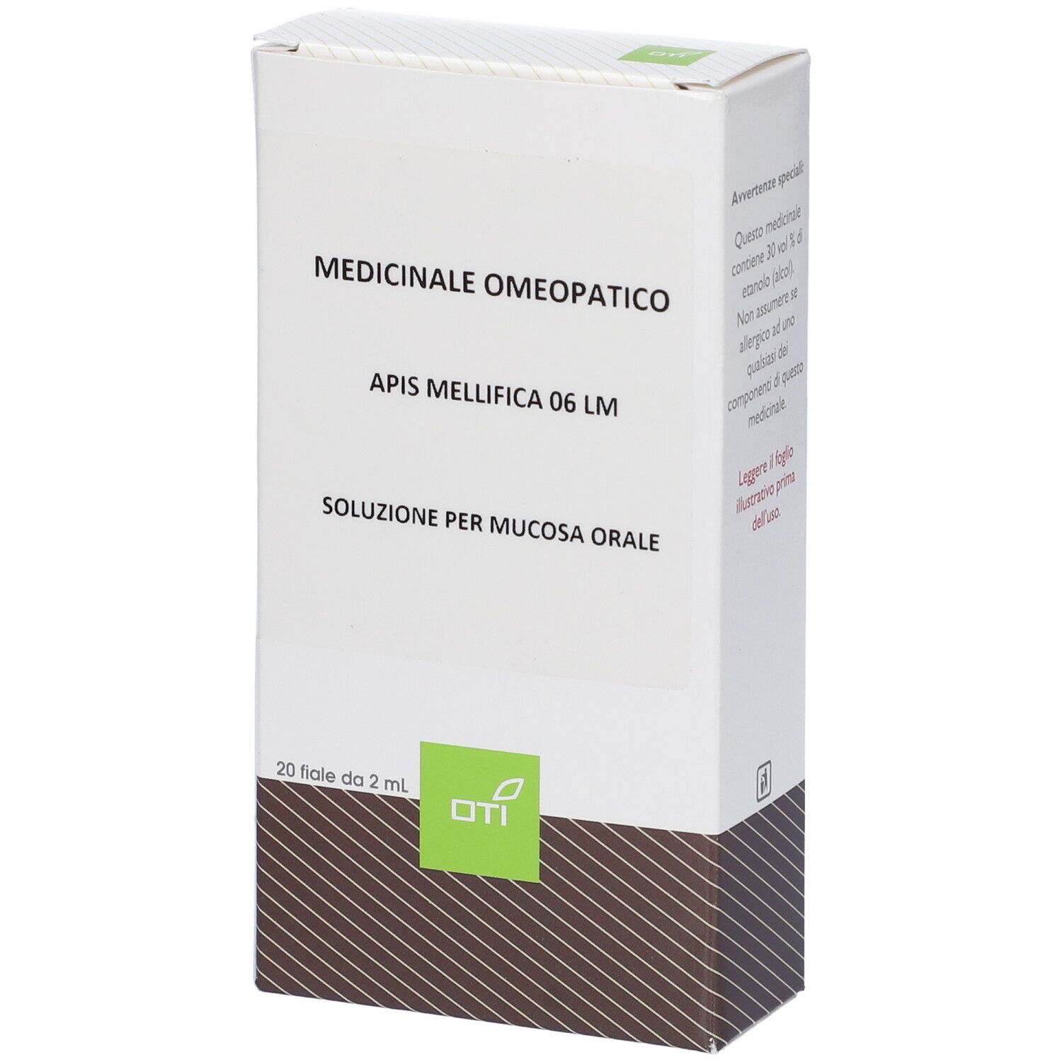 Scatola bianca con testo: Medicinale Omeopatico, Apis Mellifica 06 LM, Soluzione per mucosa orale. 20 Fiale.