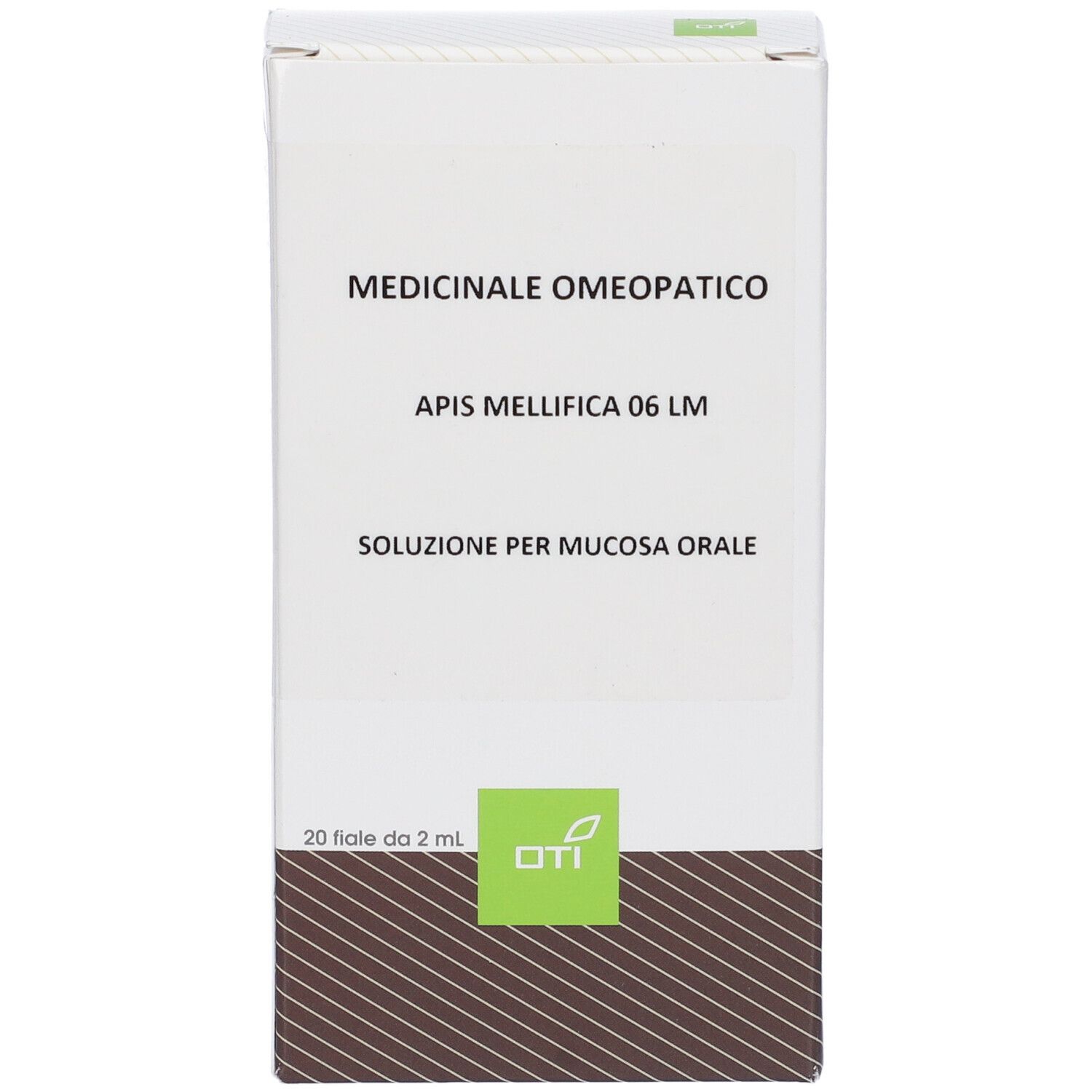 Scatola bianca con testo: Medicinale Omeopatico, Apis Mellifica 06 LM, Soluzione per mucosa orale. 20 Fiale da 2 ml.