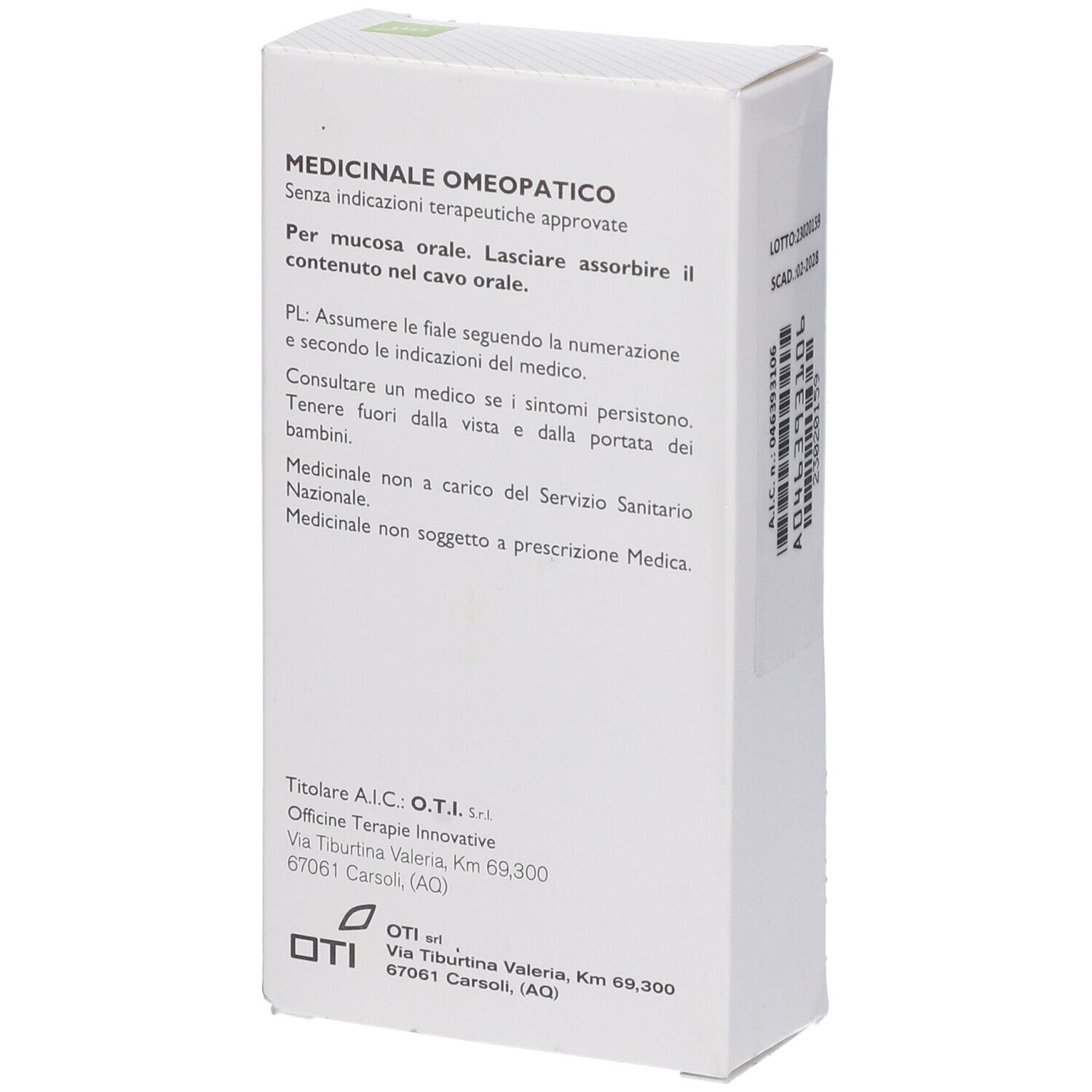 Retro della scatola. Testo: Medicinale omeopatico. Istruzioni per l'uso. Logo OTI. Indirizzo del produttore.