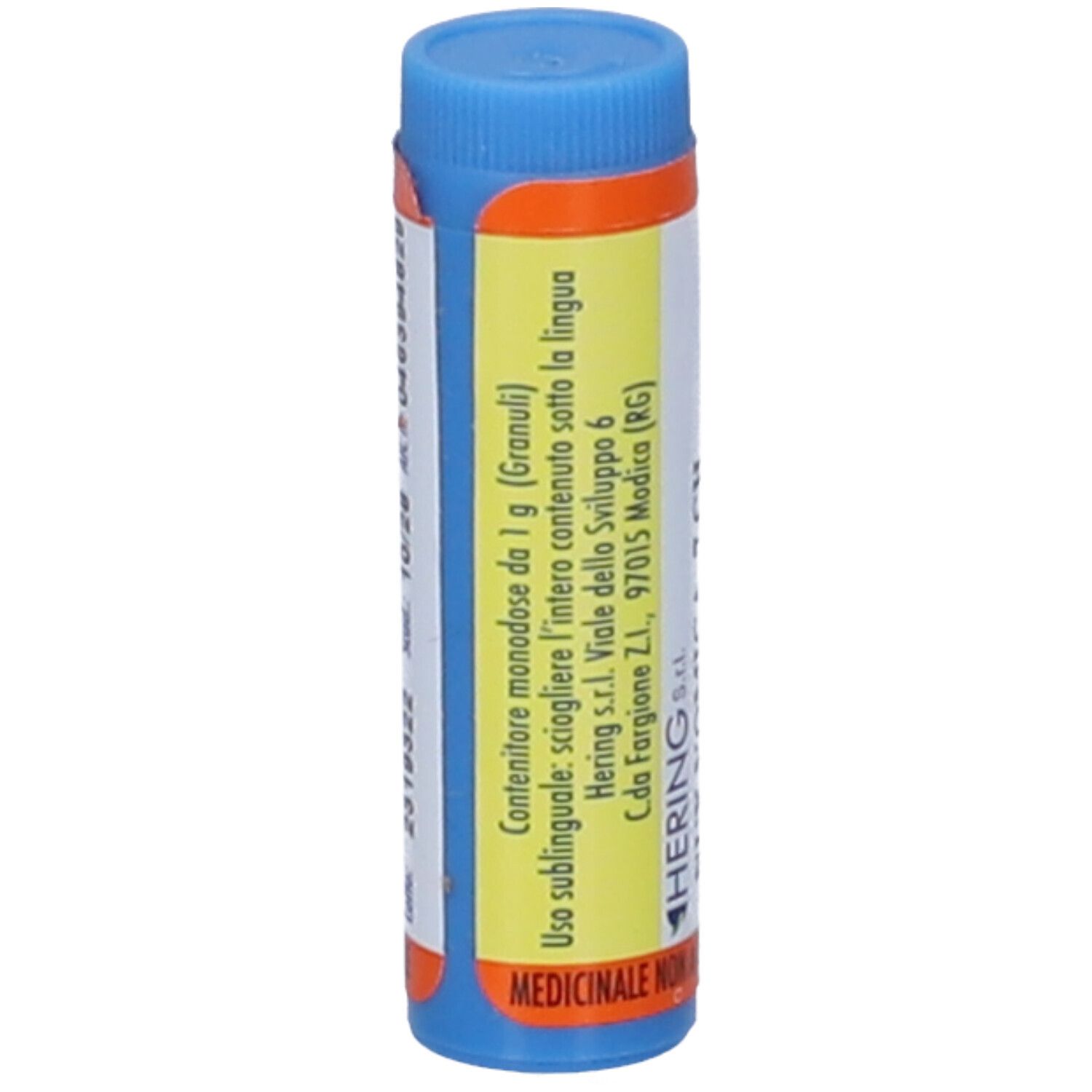 Contenitore cilindrico blu e arancione. Scritta: Contenitore monodose. Produttore: Hering. Contenuto: Granuli.