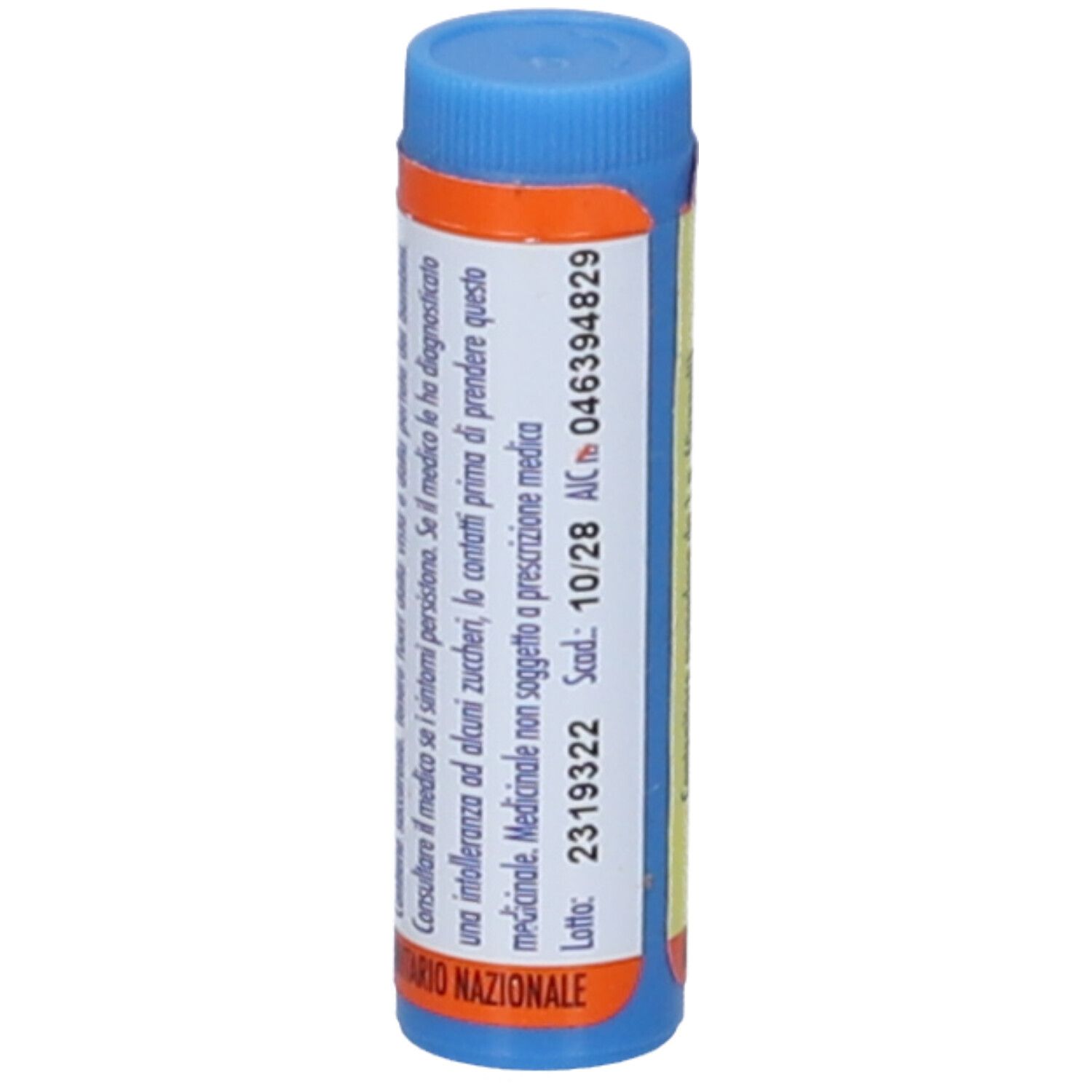 Contenitore cilindrico blu e arancione. Scritta: Informazioni mediche. Produttore: Hering. Numero di lotto e scadenza.