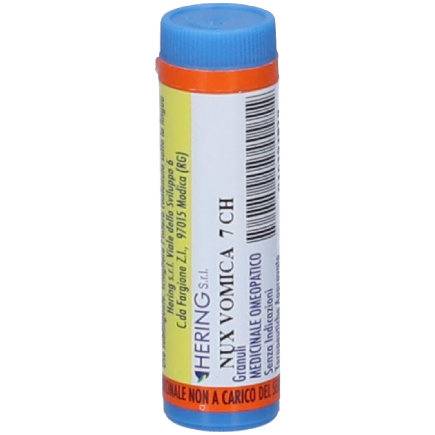 Contenitore cilindrico blu e arancione. Scritta: NUX VOMICA 7 CH. Produttore: Hering. Codice a barre.