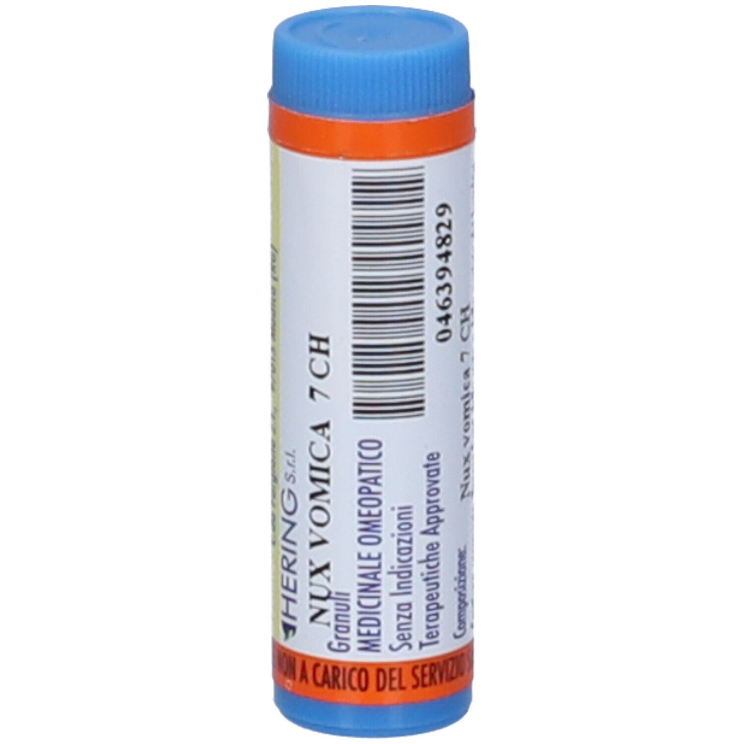 Contenitore cilindrico blu e arancione. Scritta: NUX VOMICA 7 CH. Produttore: Hering. Informazioni mediche.