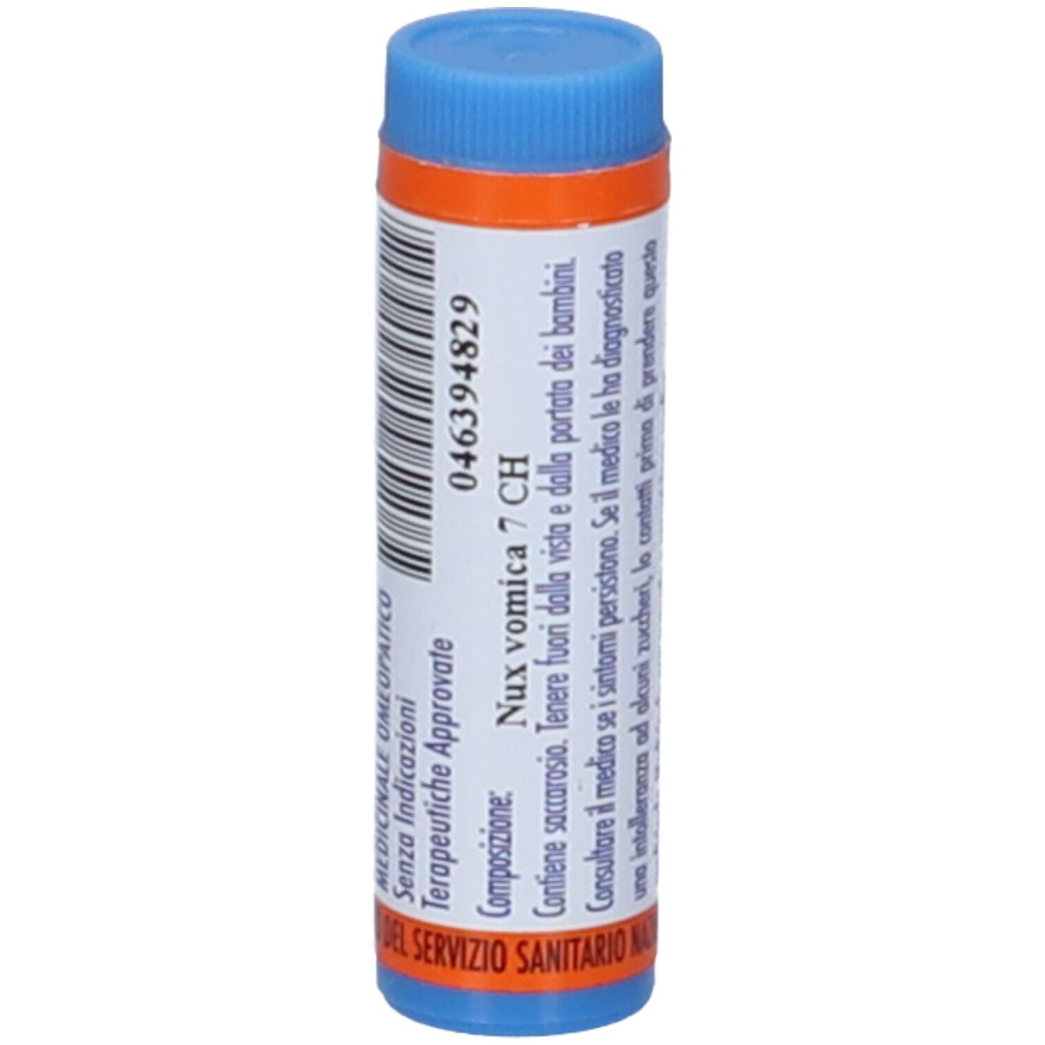 Contenitore cilindrico blu e arancione. Scritta: NUX VOMICA 7 CH. Produttore: Hering. Composizione.