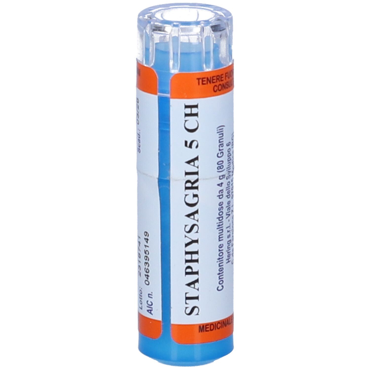 Contenitore blu e arancione di STAPHYSAGRIA 5 CH. Contenitore multidose da 4 g (80 Granuli).