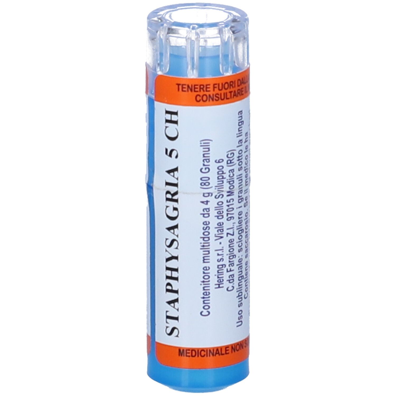Contenitore blu e arancione di STAPHYSAGRIA 5 CH. Contenitore multidose da 4 g (80 Granuli).