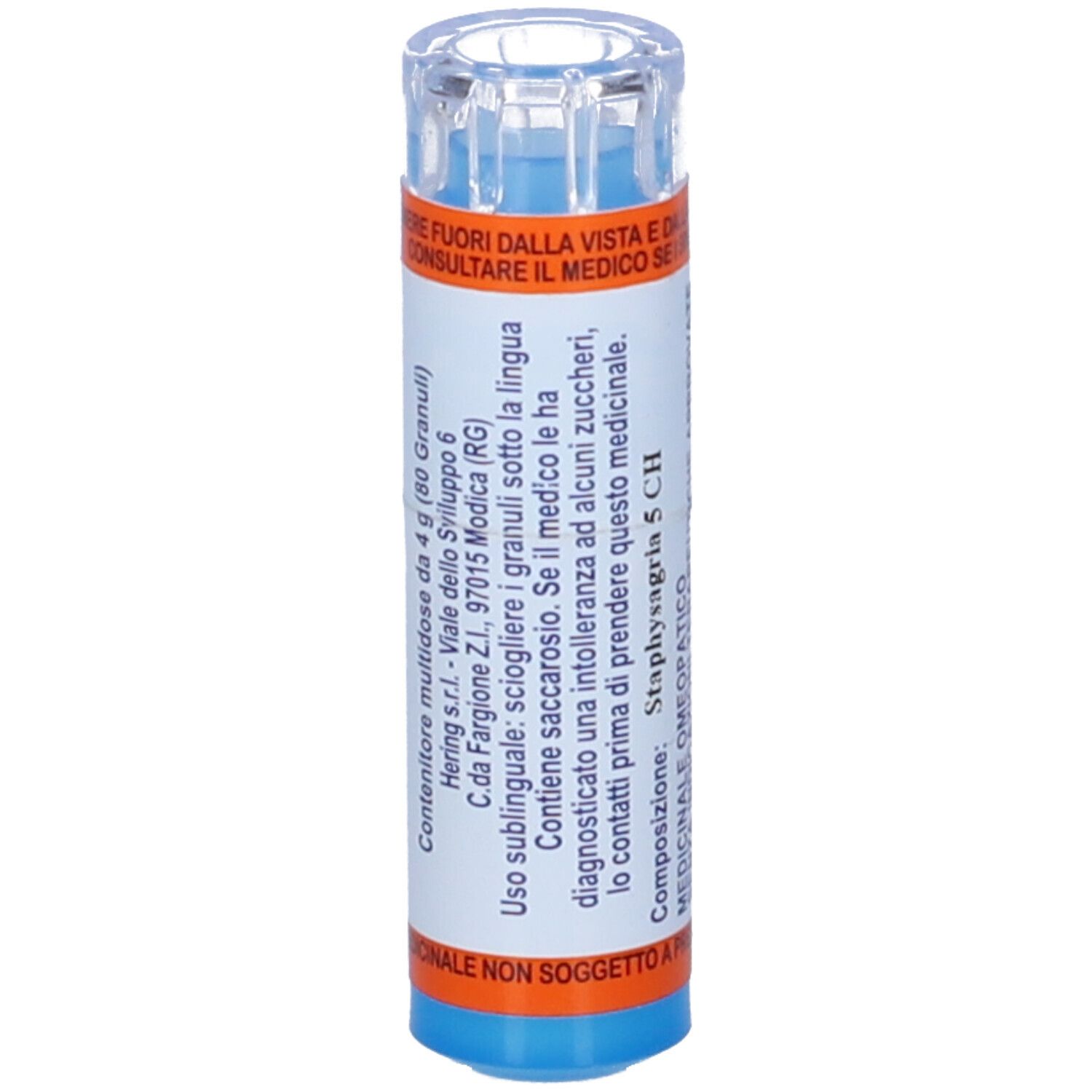 Contenitore blu e arancione di STAPHYSAGRIA 5 CH. Contenitore multidose da 4 g (80 Granuli).