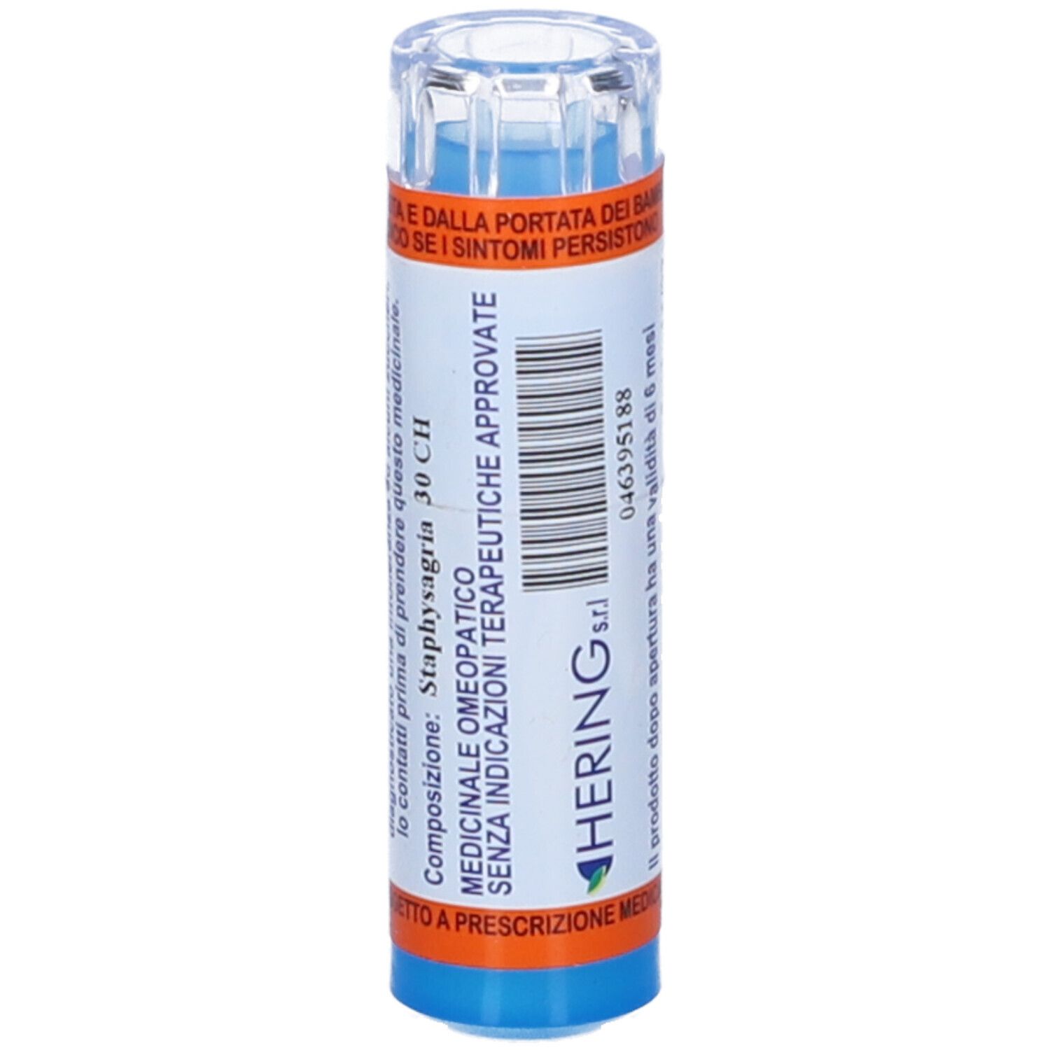 Flacone cilindrico blu. Scritta HERING. Testo: MEDICINALE OMEOPATICO. Tappo trasparente.