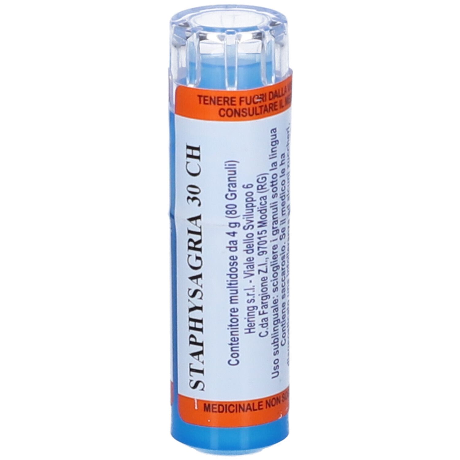 Flacone cilindrico blu. Scritta STAPHYSAGRIA 30 CH. Etichette arancioni e bianche. Tappo trasparente.