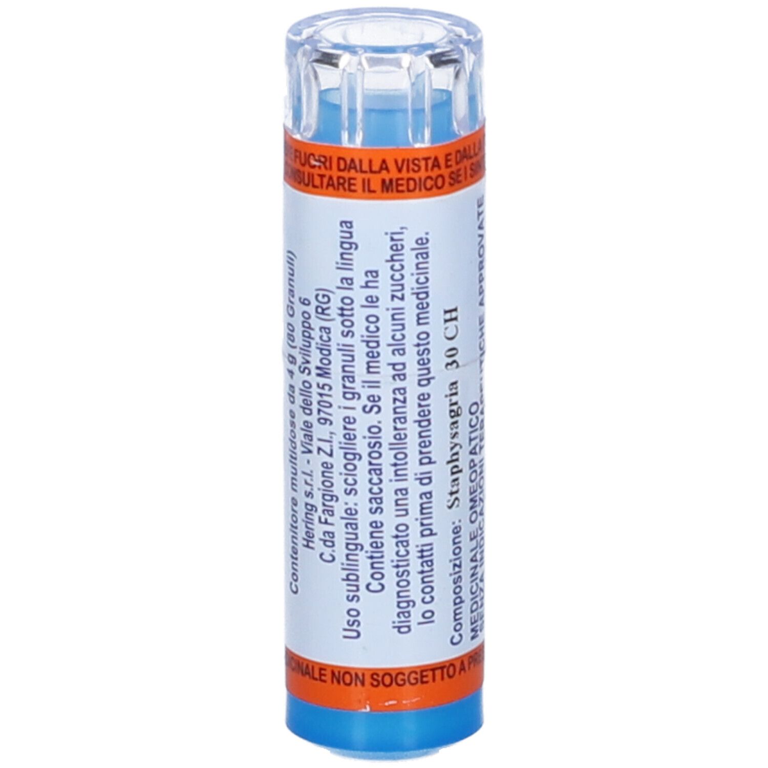 Flacone cilindrico blu. Scritta STAPHYSAGRIA 30 CH. Testo ed etichette. Tappo trasparente.