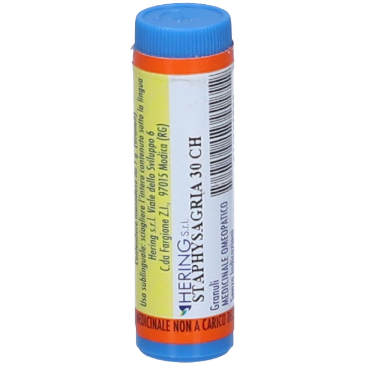 Contenitore cilindrico blu e arancione. Etichetta con testo: STAPHYSAGRIA 30 CH, HERING. Contenuto: Granuli.