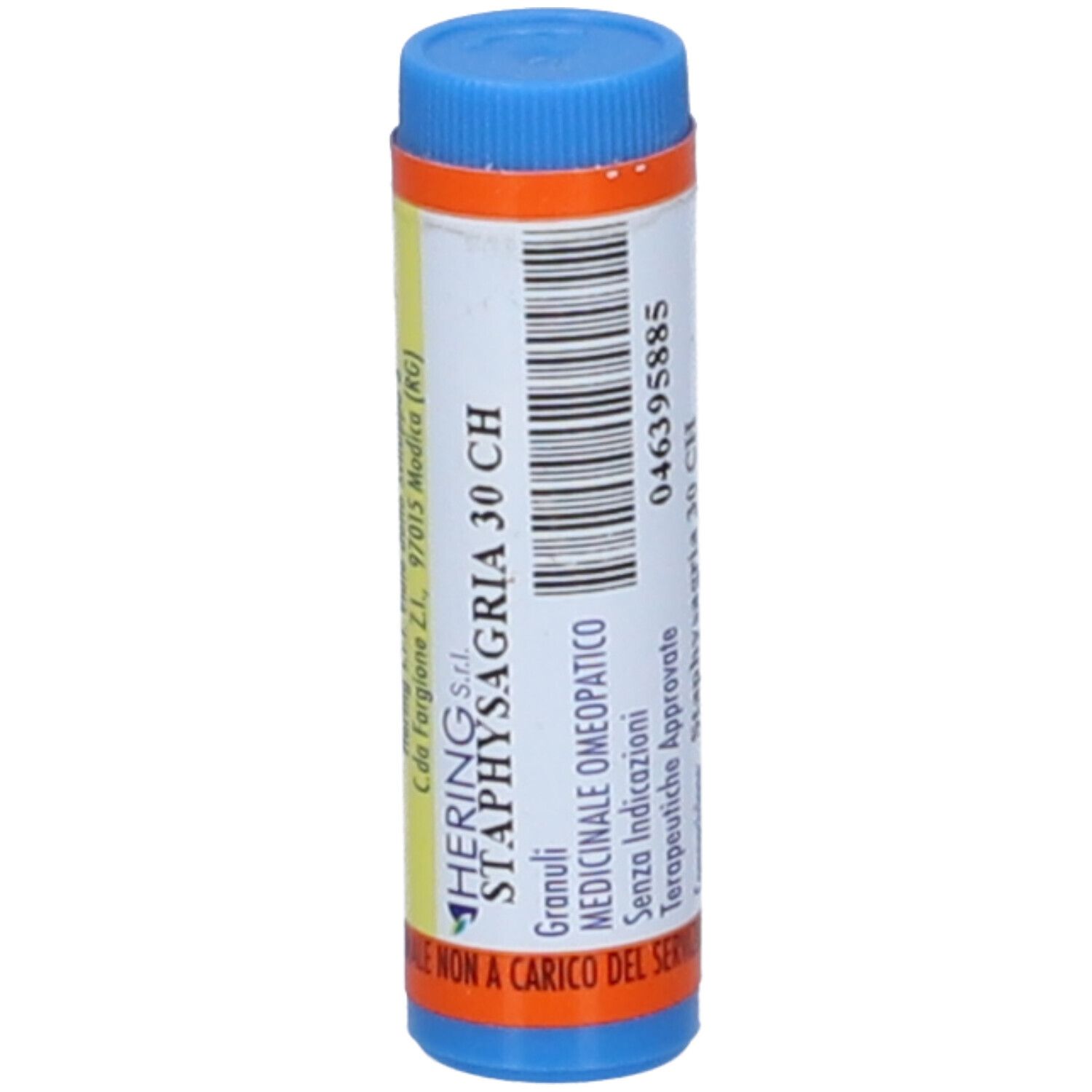Contenitore cilindrico blu e arancione. Etichetta con testo: STAPHYSAGRIA 30 CH, HERING. Contenuto: Granuli.