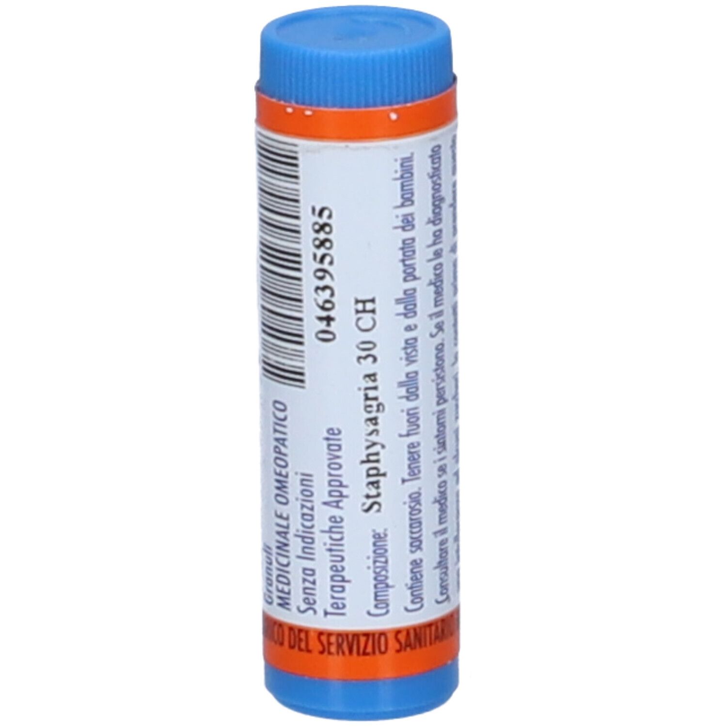 Contenitore cilindrico blu e arancione. Etichetta con testo: STAPHYSAGRIA 30 CH, HERING. Contenuto: Granuli.