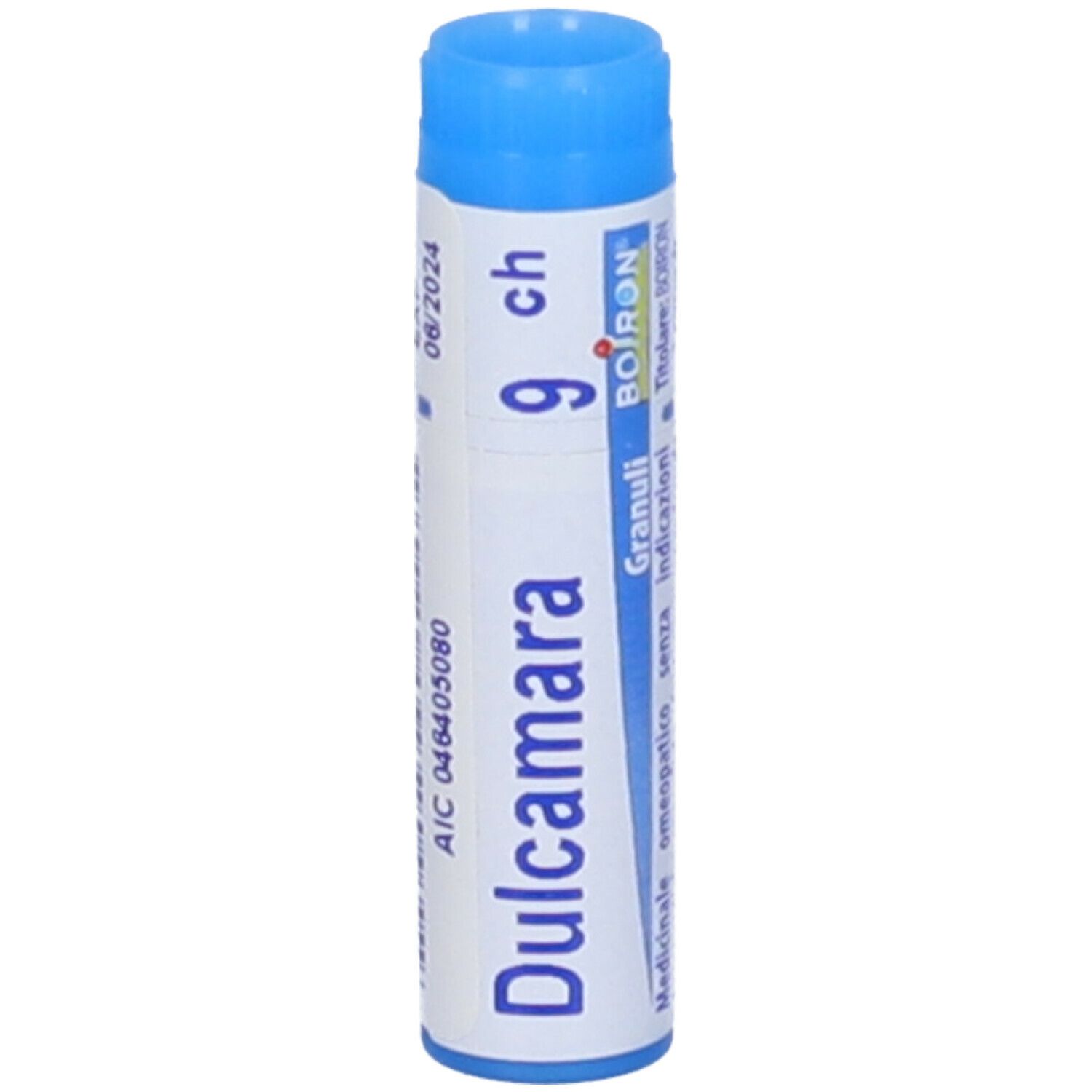 Confezione cilindrica blu. Scritta: Dulcamara 9 ch, Granuli, Boiron. Scadenza 06/2024.