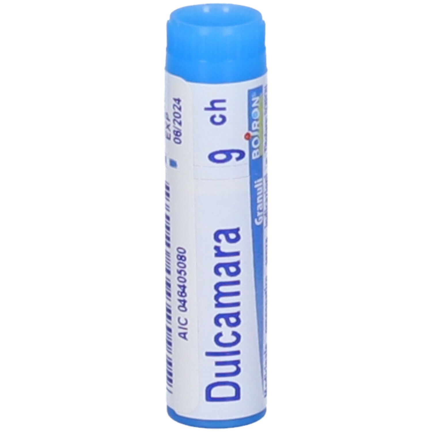 Confezione cilindrica blu. Scritta: Dulcamara 9 ch, Granuli, Boiron. Scadenza 06/2024.