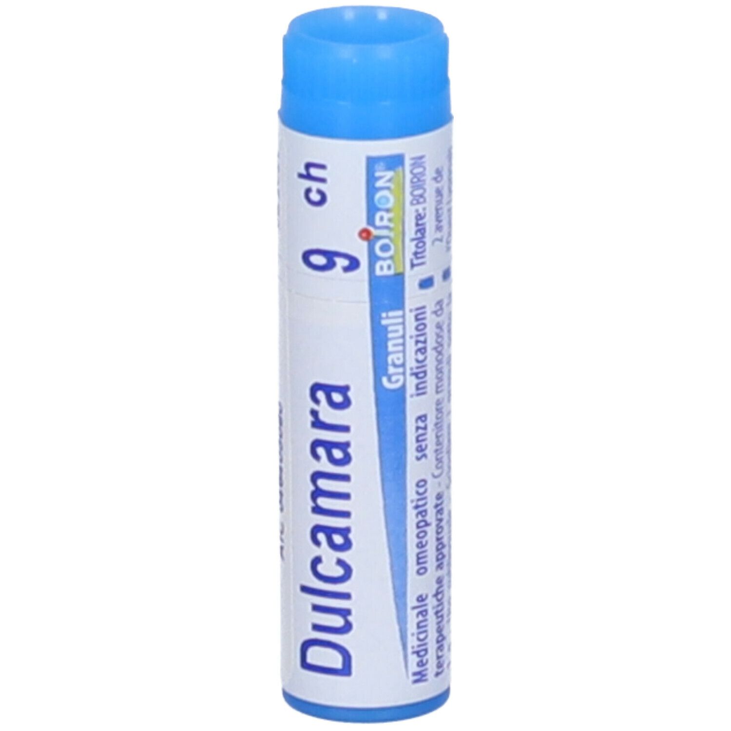 Confezione cilindrica blu. Scritta: Dulcamara 9 ch, Granuli, Boiron. Medicinale.