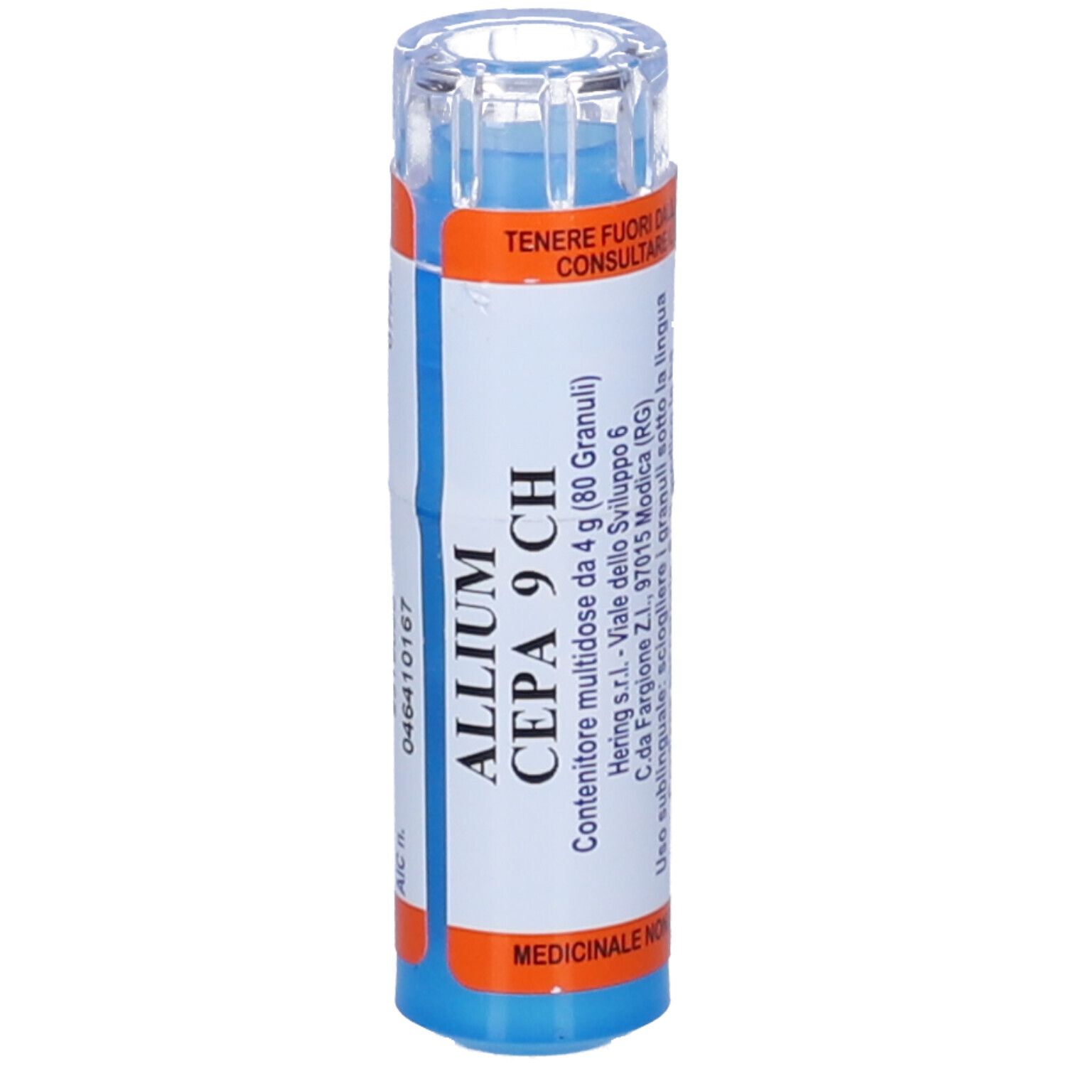 Contenitore cilindrico blu. Scritta: ALLIUM CEPA 9 CH. Etichette arancioni e bianche con testo. Tappo trasparente.