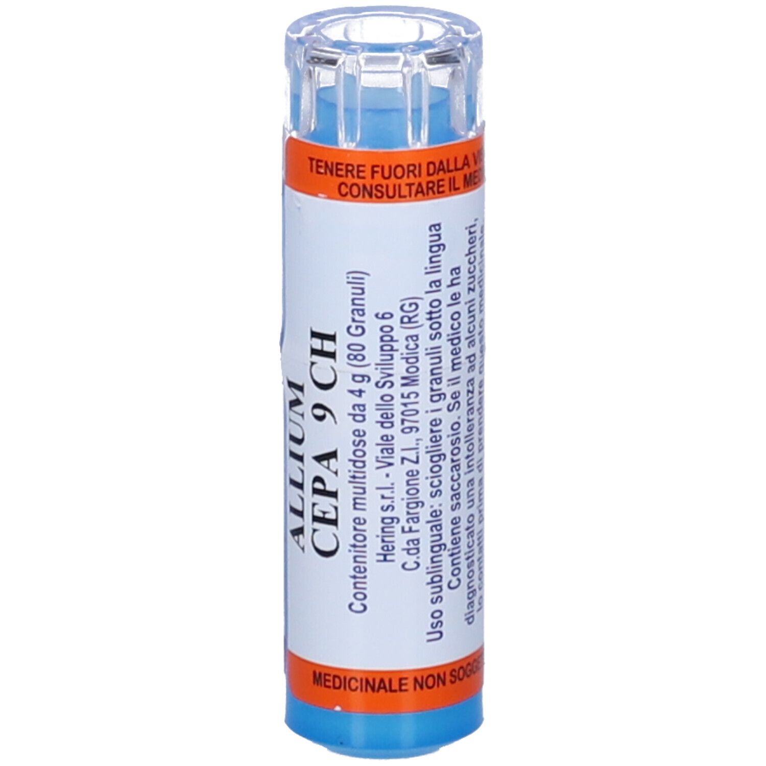 Contenitore cilindrico blu. Scritta: ALLIUM CEPA 9 CH. Etichette arancioni e bianche con testo. Tappo trasparente. Testo sugli ingredienti.