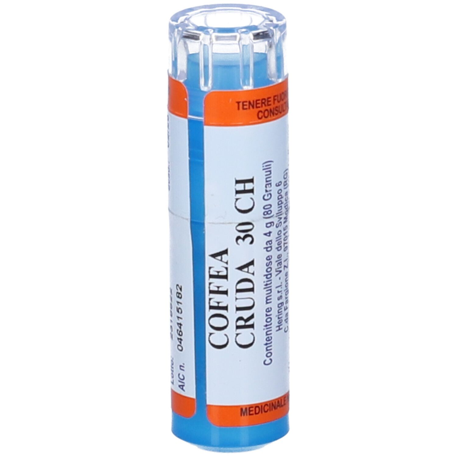 Contenitore multidose cilindrico con granuli blu. Scritta: Coffea Cruda 30 CH. Etichette arancioni e blu.