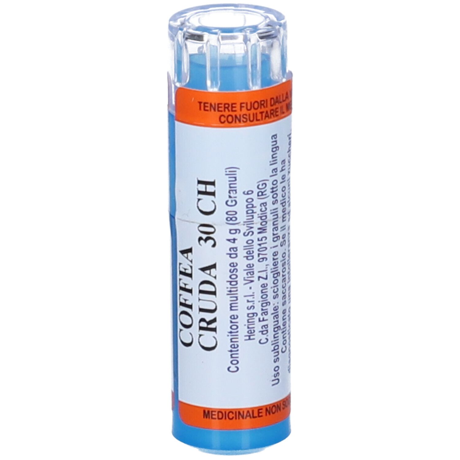Contenitore cilindrico con granuli blu. Scritta: Coffea Cruda 30 CH. Istruzioni per l'uso sublinguale.