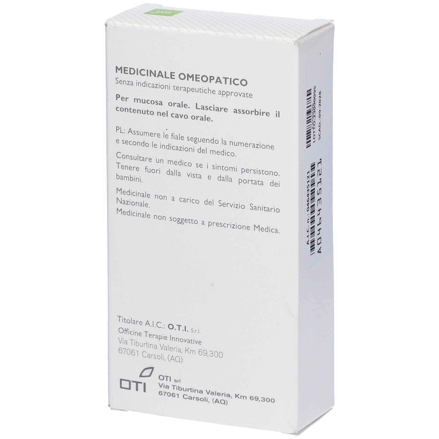 Scatola bianca con testo. Logo OTI in basso. Testo: Medicinale Omeopatico, senza indicazioni terapeutiche approvate.