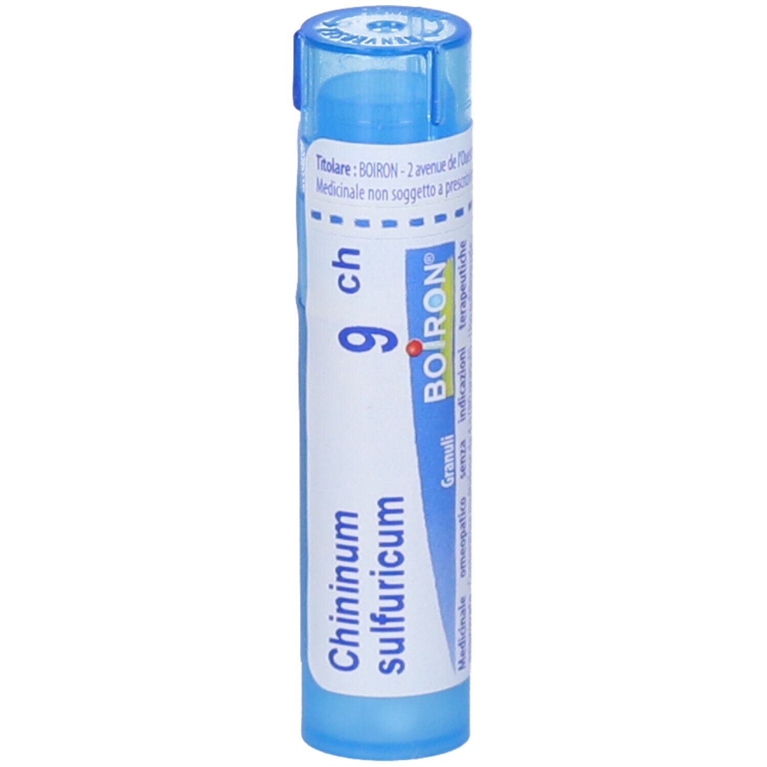 Tubo blu con scritte bianche. Scritta: Chininum sulfuricum 9 ch, BOIRON. Granuli.