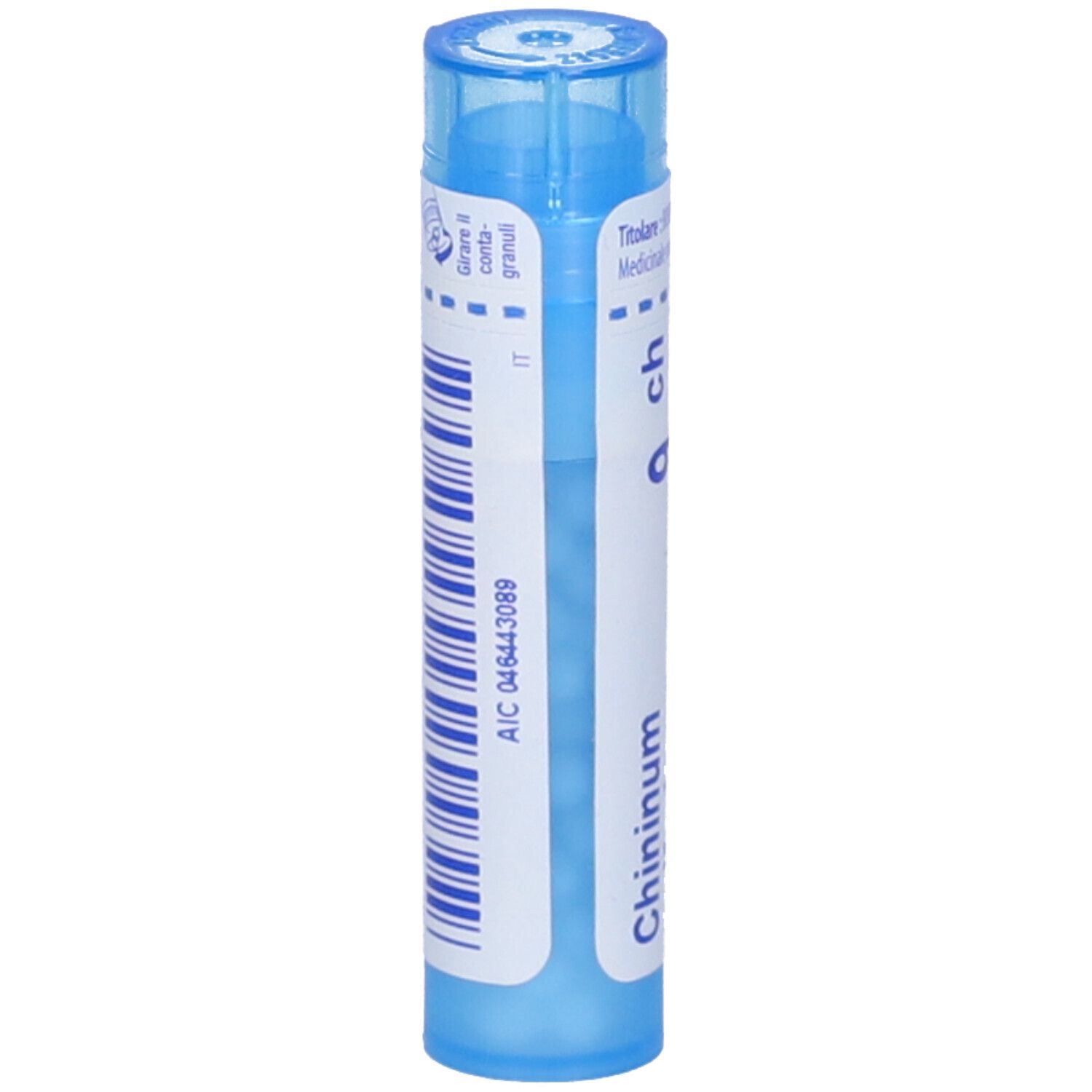 Tubo blu con scritte bianche e codice a barre. Scritta: Chininum sulfuricum 9 ch. AIC 046443089.
