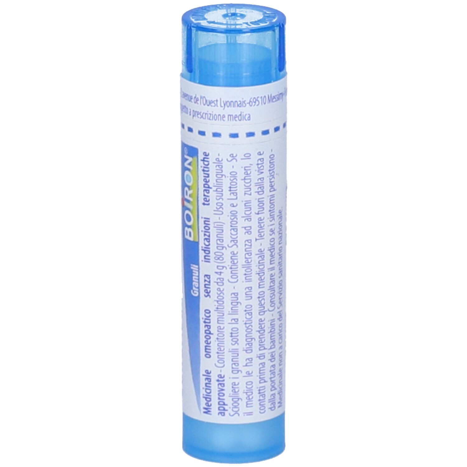 Tubo blu con scritte bianche. Scritta: Chininum sulfuricum 9 ch, BOIRON. Granuli.