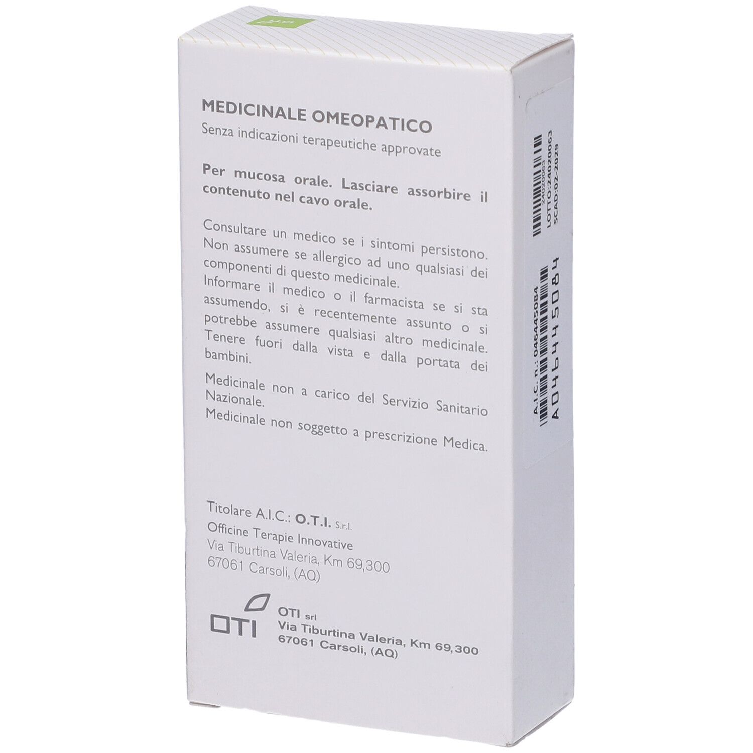 Retro della scatola "Antimonium Tartaricum 10MK" con testo. Logo e indirizzo OTI.