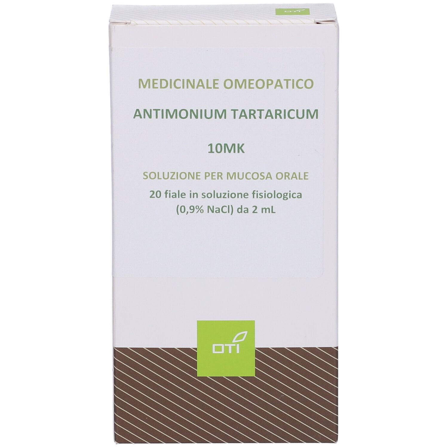 Scatola "Antimonium Tartaricum 10MK". 20 fiale in soluzione fisiologica. Logo OTI.
