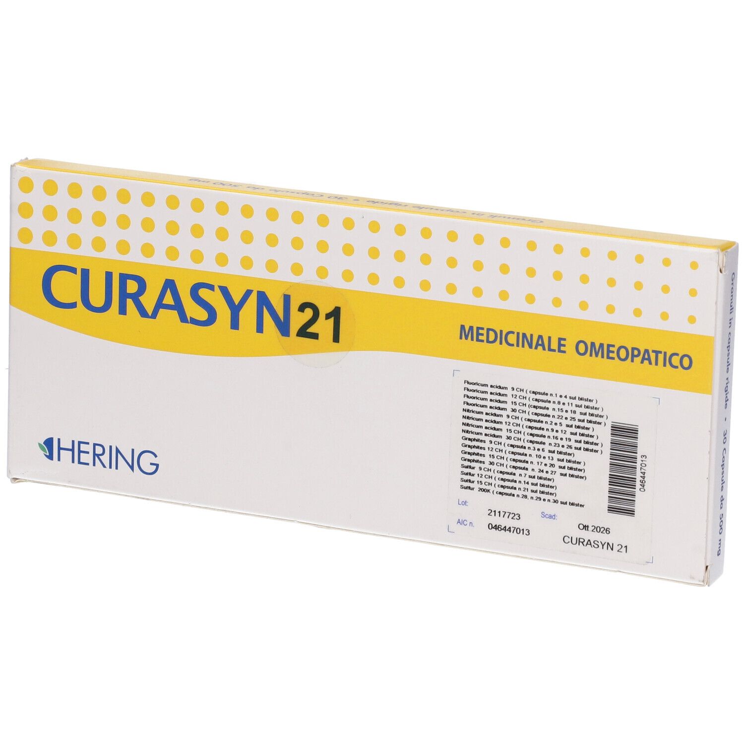 Scatola bianca con dettagli gialli. Scritto "CURASYN 21" e "HERING".