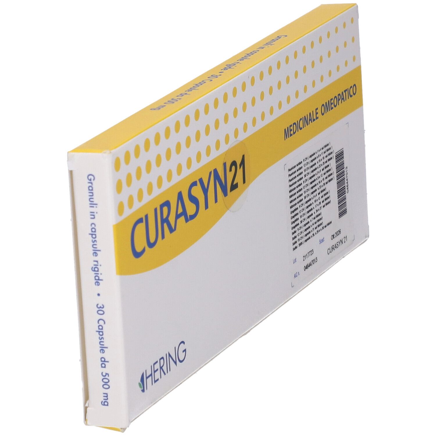 Scatola con coperchio giallo. Scritto "CURASYN 21". Testo: "Granuli in capsule rigide - 30 Capsule da 500 mg".