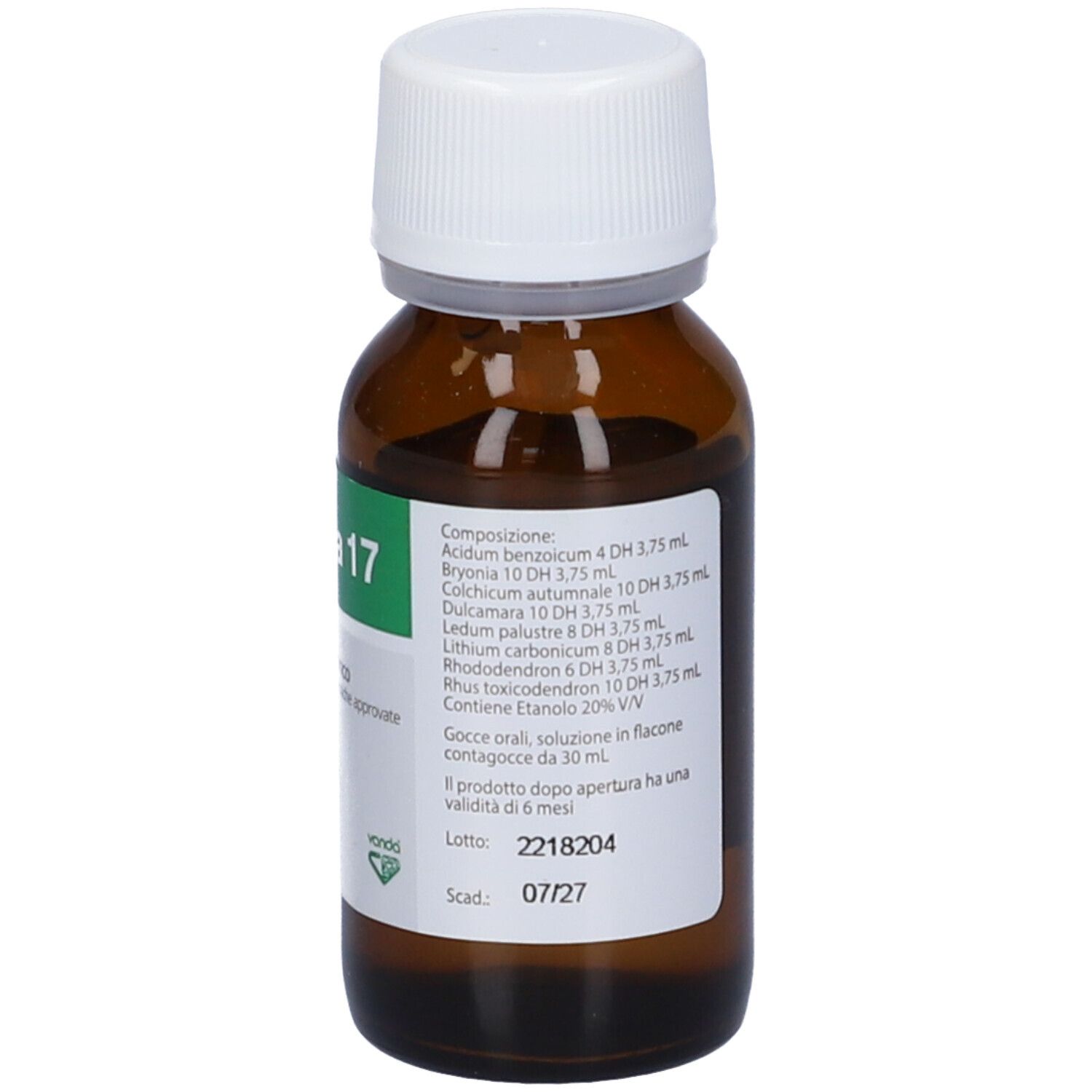 Flacone di vetro marrone con tappo bianco. Etichetta verde e bianca con testo. Elenco ingredienti e data di scadenza.