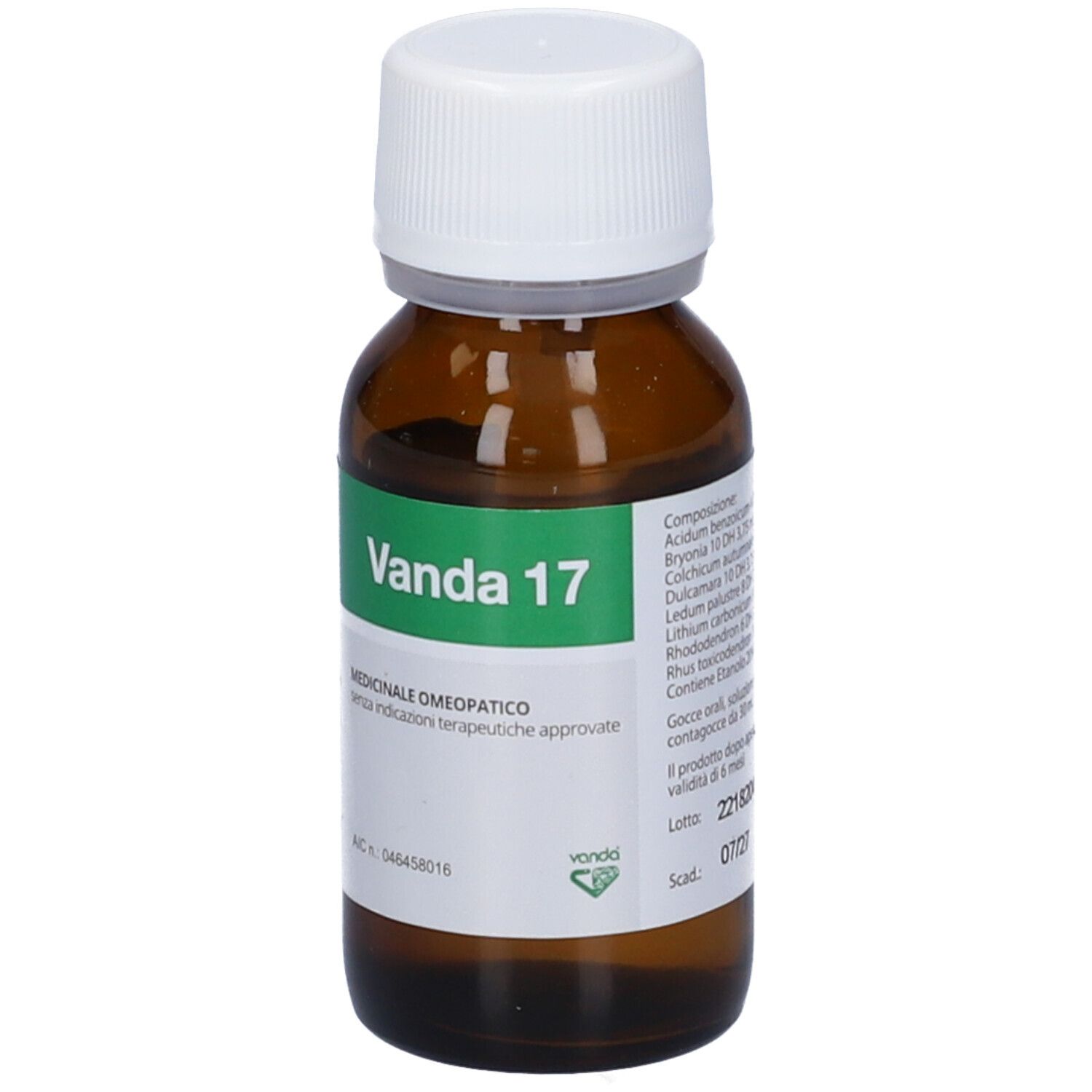 Flacone di vetro marrone con tappo bianco. Etichetta verde e bianca con scritta: Vanda 17. Informazioni mediche.