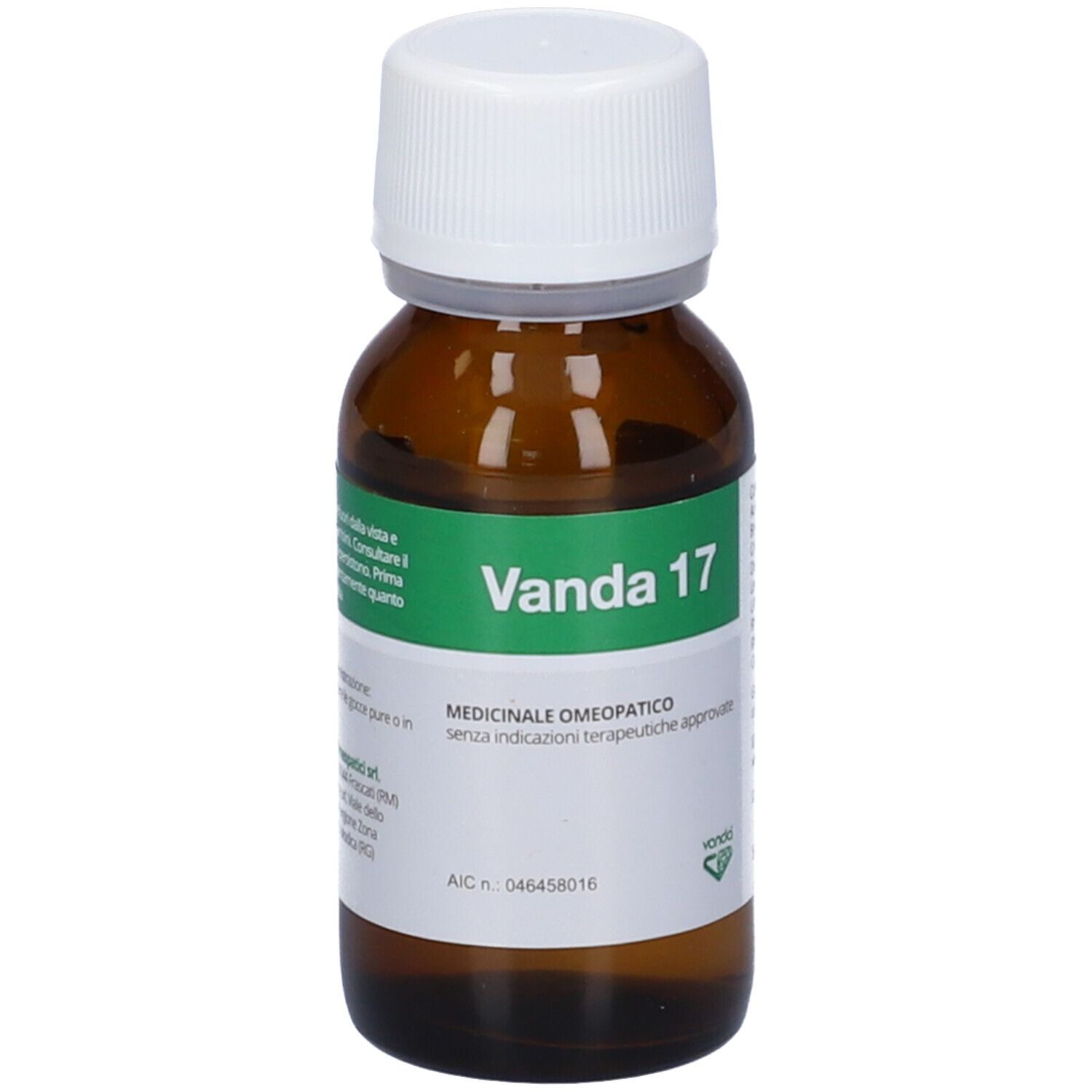 Flacone di vetro marrone con tappo bianco. Etichetta verde e bianca con scritta: Vanda 17. Informazioni mediche.