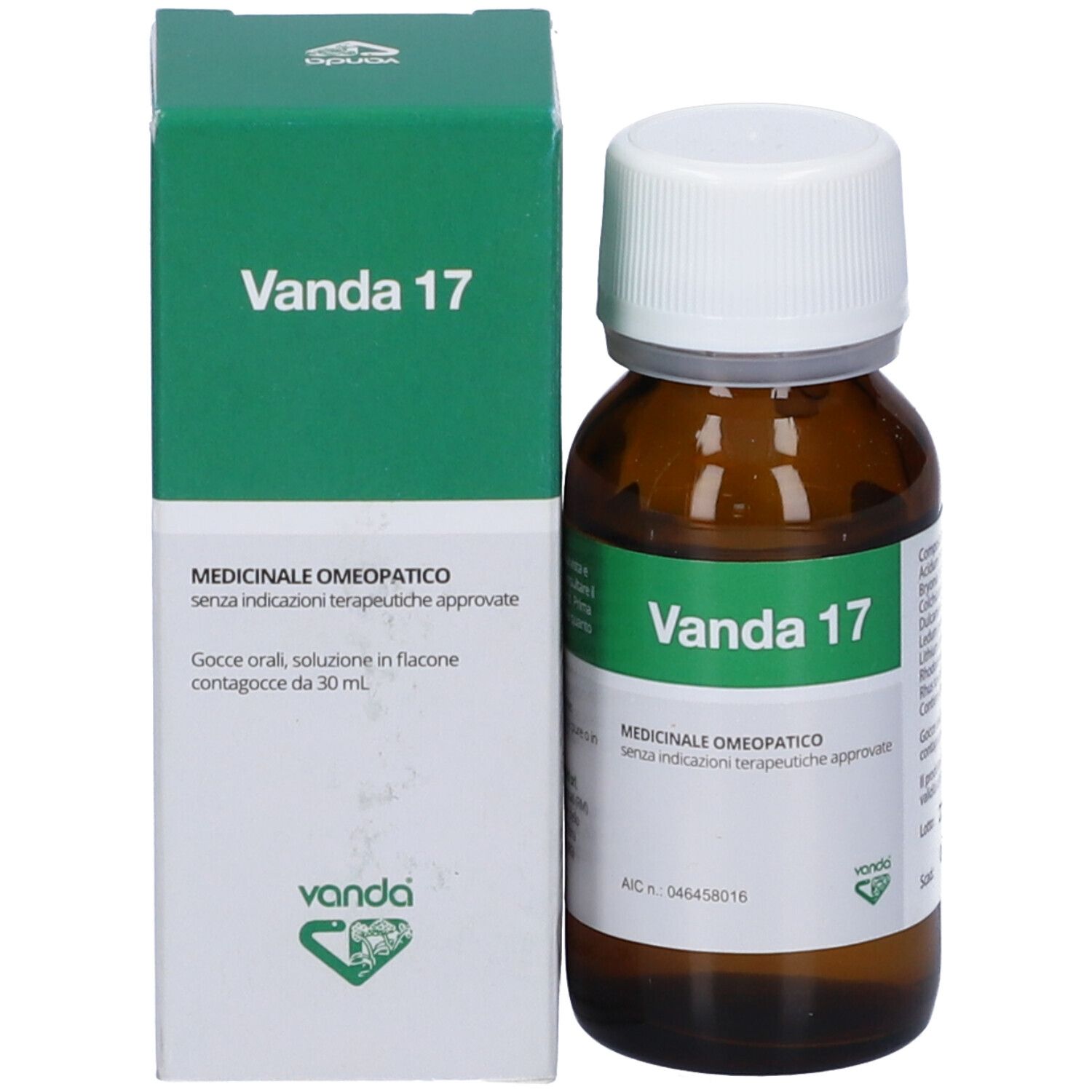 Confezione del prodotto con flacone e scatola. Scritta: Vanda 17. Scatola verde con testo bianco.