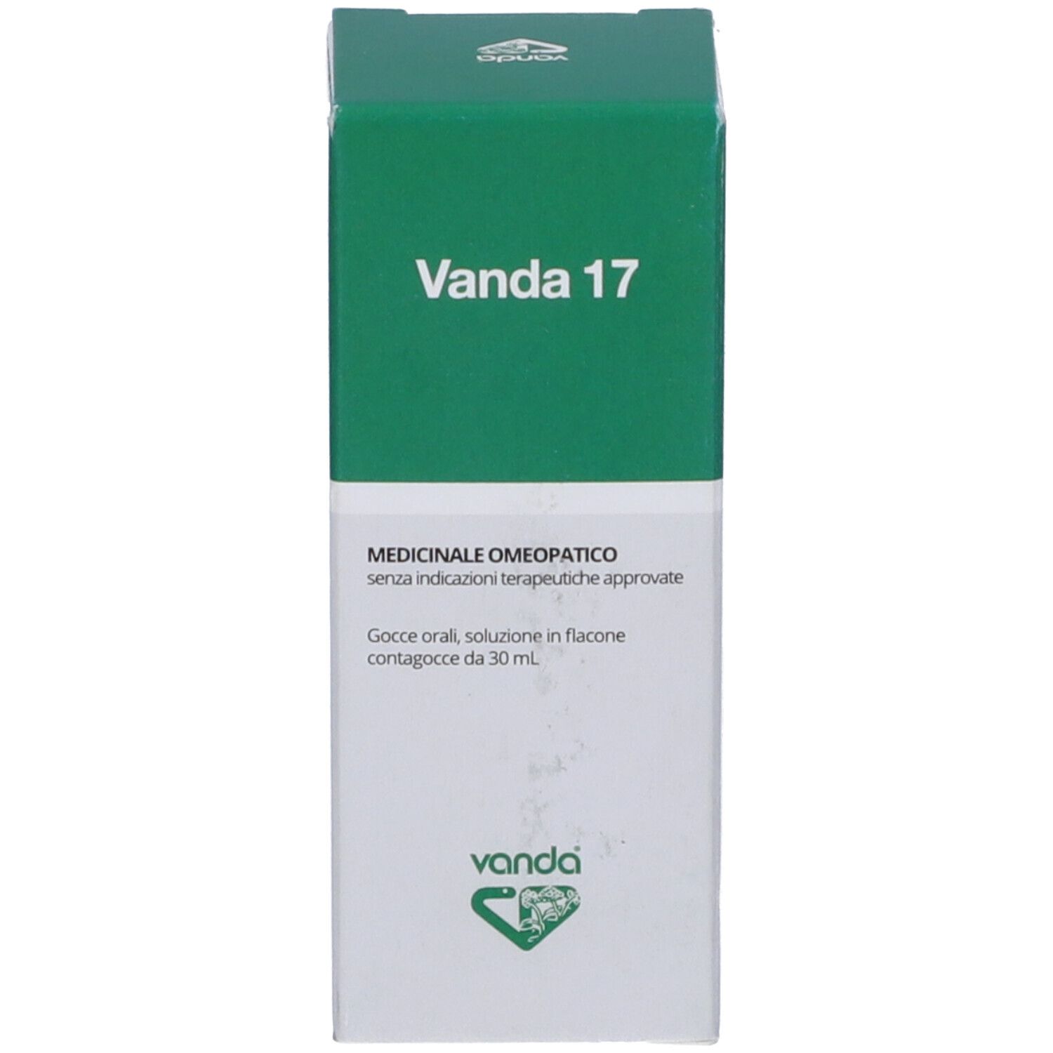 Scatola verde con testo bianco. Scritta: Vanda 17. Informazioni mediche. Logo.